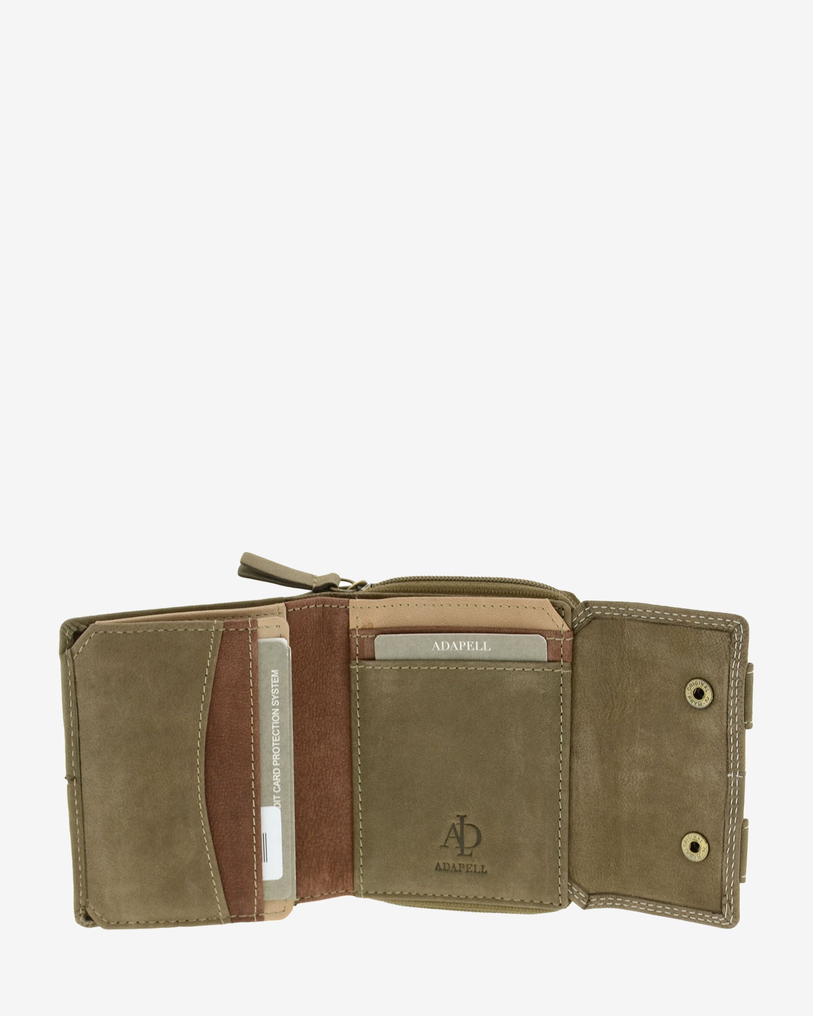 Interior abierto de cartera de piel de vacuno color topo con ranuras para tarjetas, ventana para documento, compartimentos organizados y solapa lateral con botones, 4220-11.