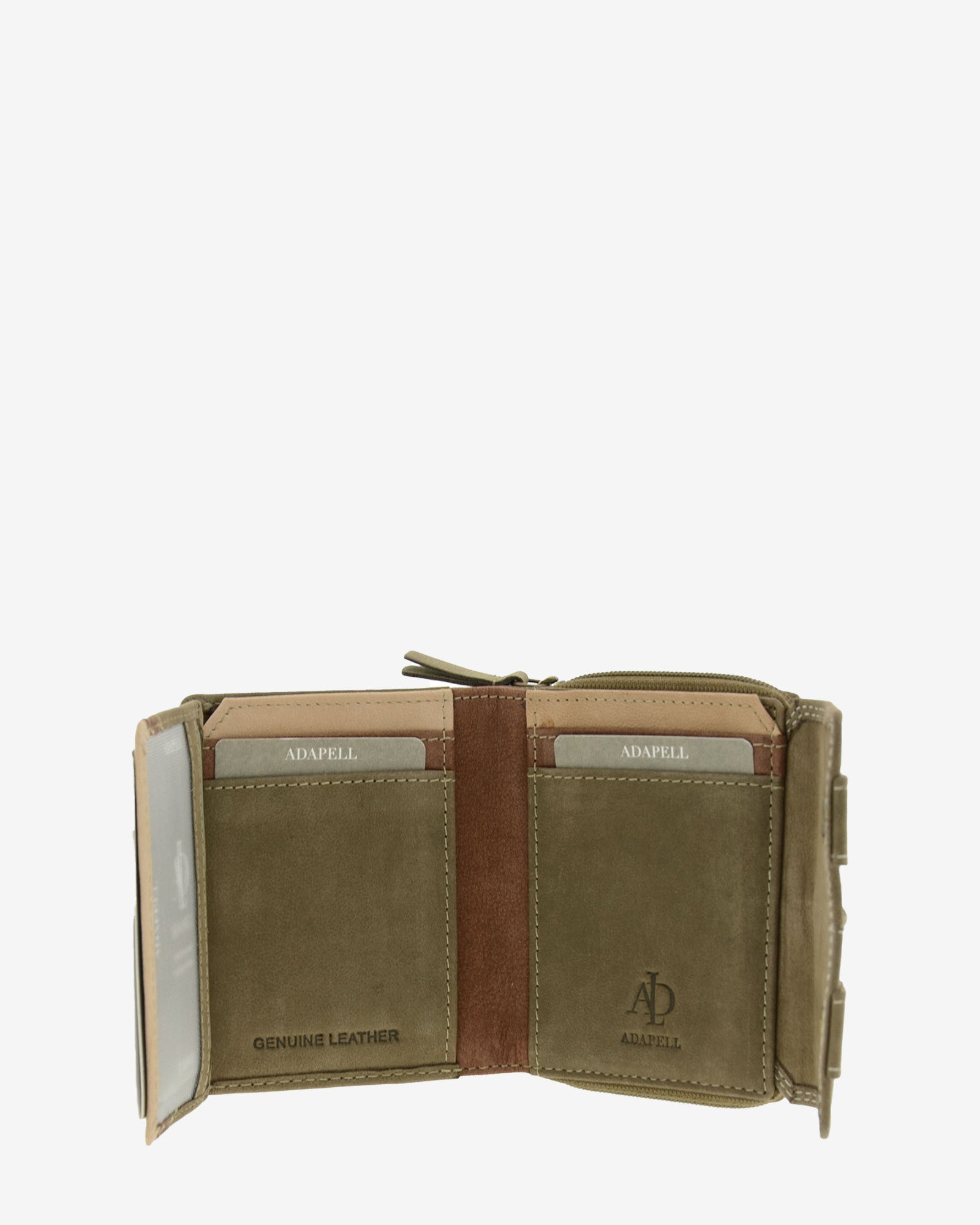 Interior desplegado de cartera de piel de vacuno color topo con ventana para documento a la izquierda, ranuras para tarjetas en ambos lados, compartimentos para billetes y documentos y solapa interior con cierre a presión, 4220-11.