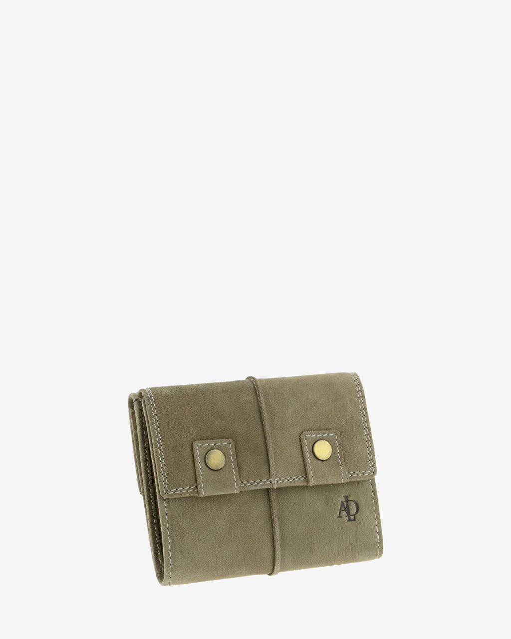 Cartera de piel de vacuno color topo con RFID, doble cierre frontal, pliegues laterales y logo Adapell, 4219-11.