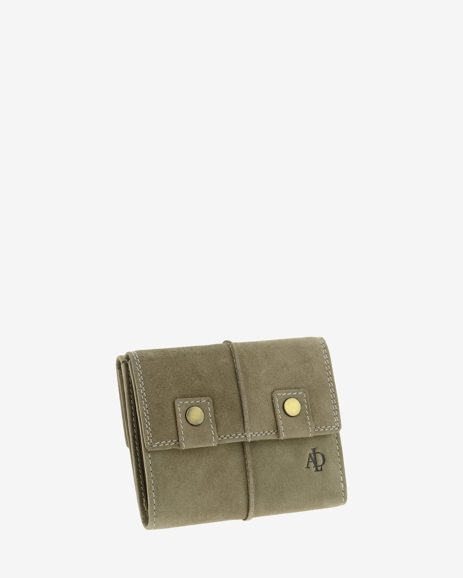 Cartera de piel de vacuno color topo con RFID, doble cierre frontal, pliegues laterales y logo Adapell, 4219-11.