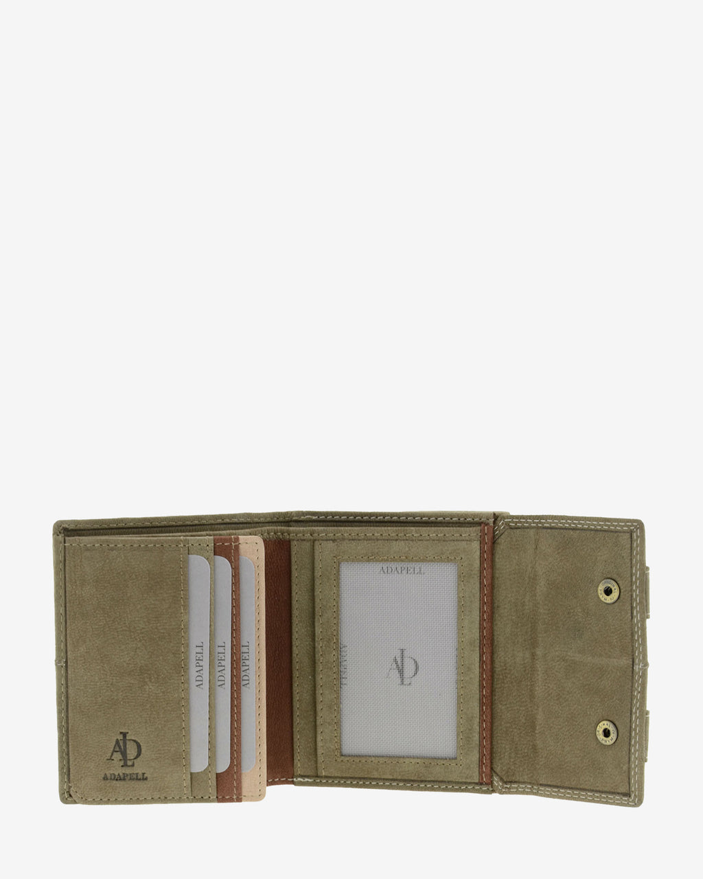 Interior abierto de cartera de piel de vacuno color topo con ranuras para tarjetas, ventana para documento, compartimentos organizados y solapa lateral con botones, 4219-11.