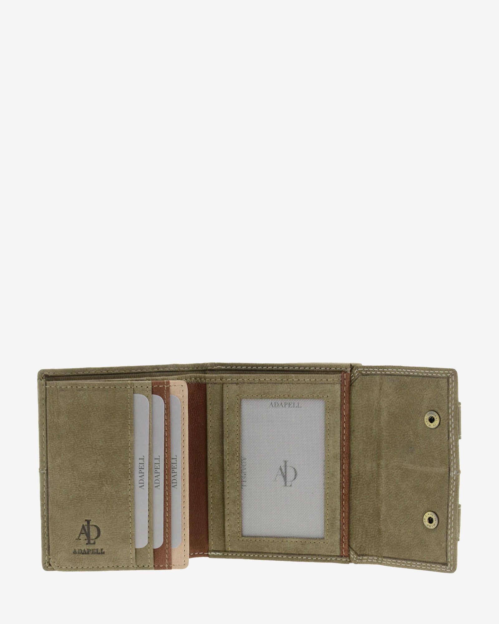Interior abierto de cartera de piel de vacuno color topo con ranuras para tarjetas, ventana para documento, compartimentos organizados y solapa lateral con botones, 4219-11.