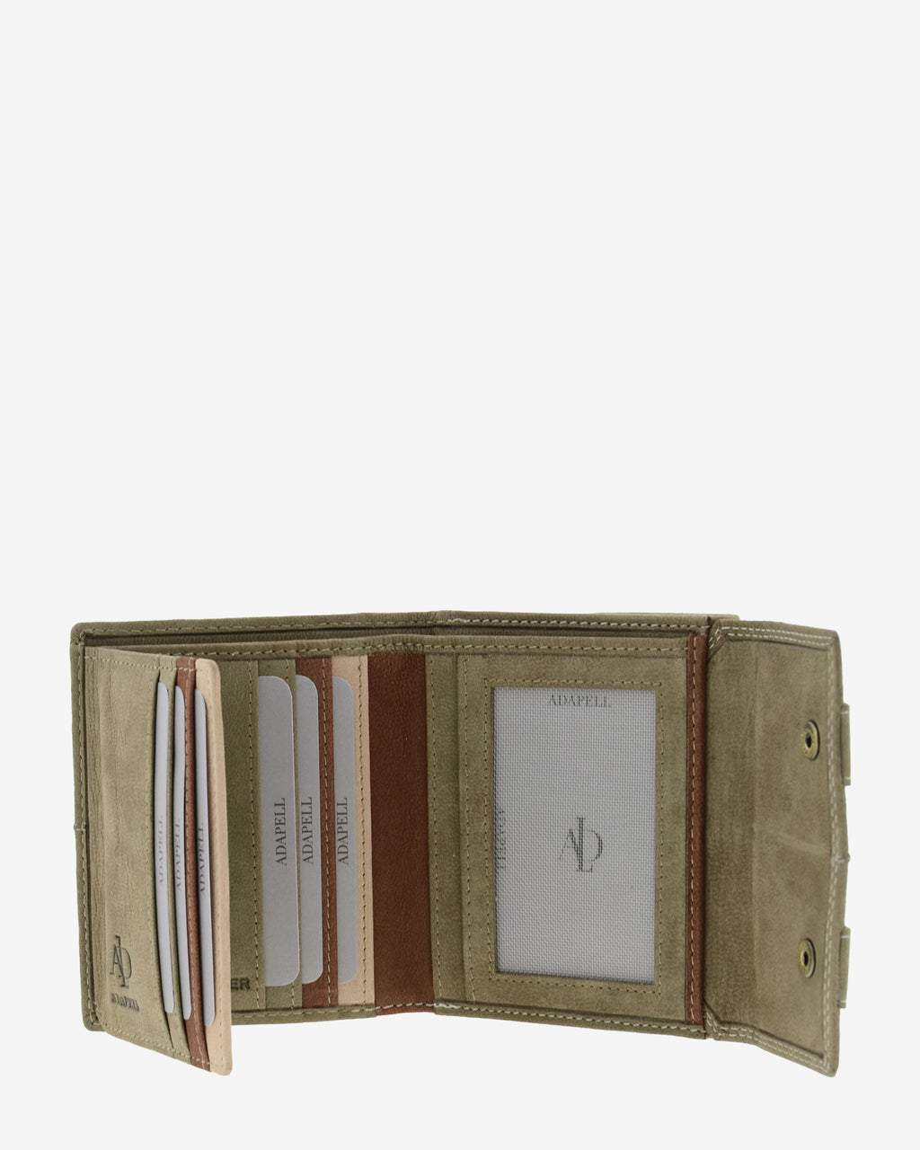 Interior desplegado de cartera de piel de vacuno color topo con ranuras para tarjetas en el lado izquierdo, ventana para documento en el centro, compartimentos para billetes y documentos y solapa interior con cierre a presión, 4219-11.