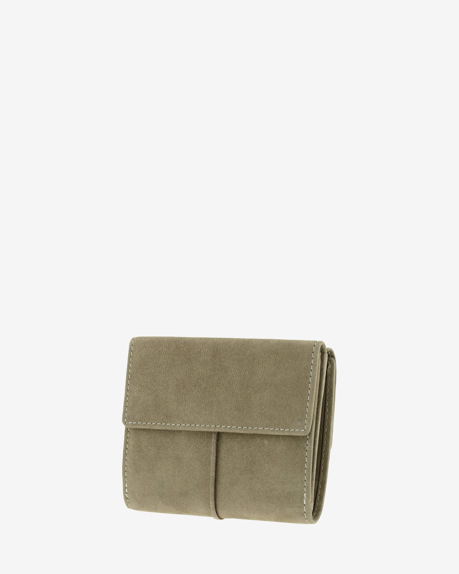 Parte trasera de cartera de piel de vacuno color topo con solapa lisa, costuras visibles y laterales plegados, 4219-11.