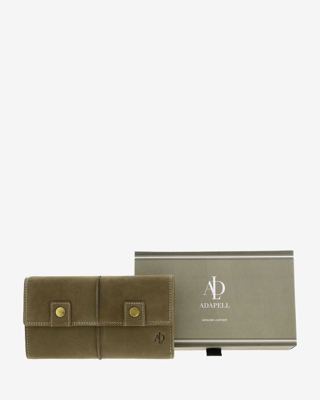 Cartera de piel de vacuno color topo con RFID junto a caja de regalo Adapell, 4217-11.
