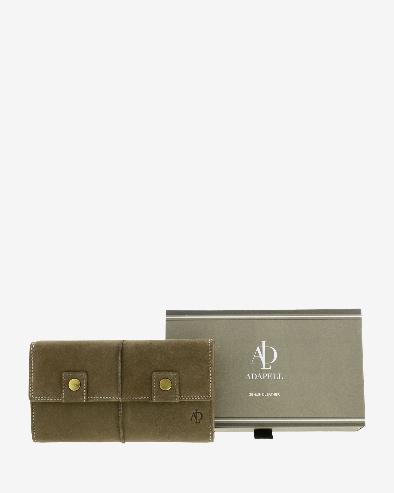 Cartera de piel de vacuno color topo con RFID junto a caja de regalo Adapell, 4217-11.