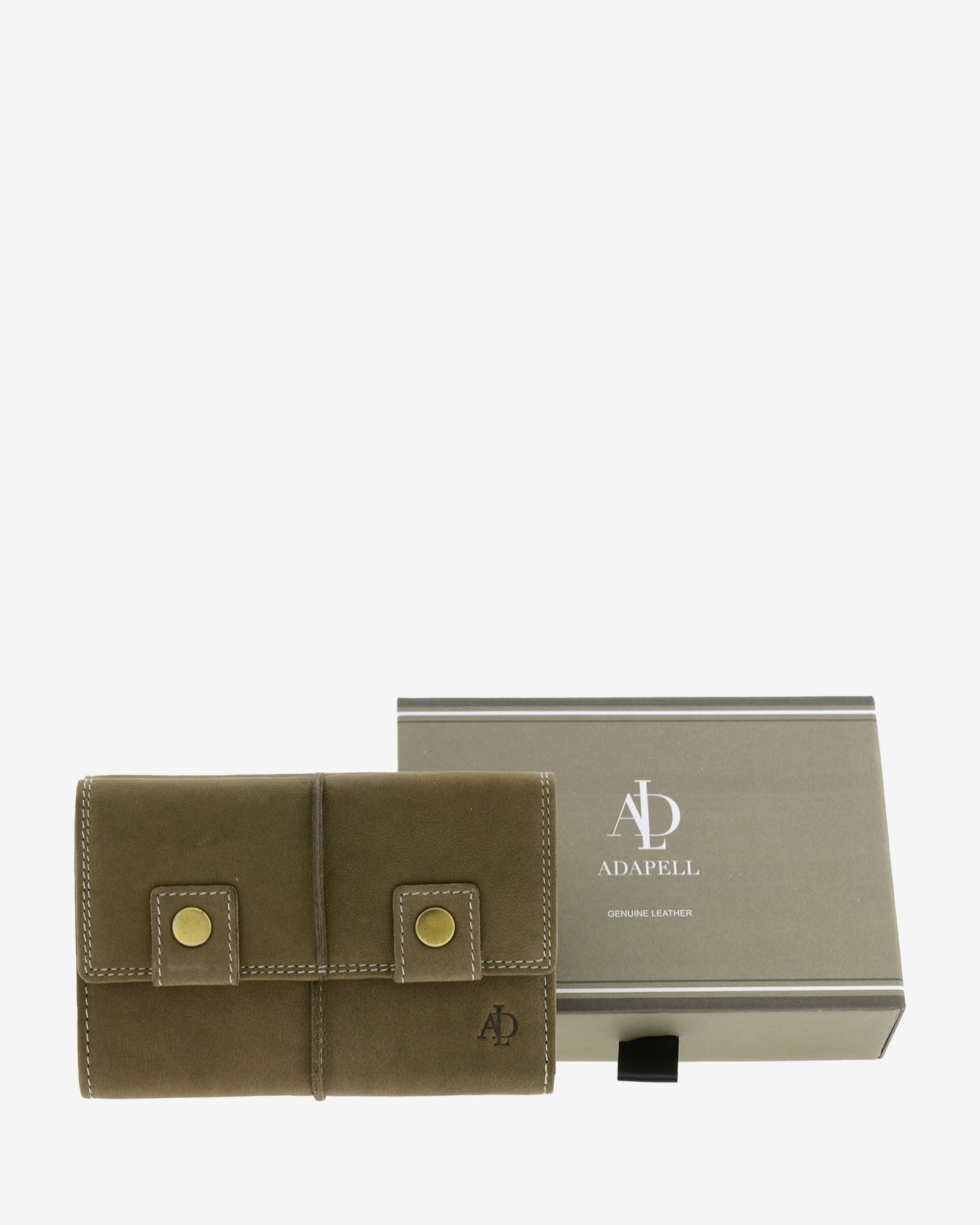 Cartera de piel de vacuno color topo con RFID junto a caja de regalo Adapell, 4218-11.
