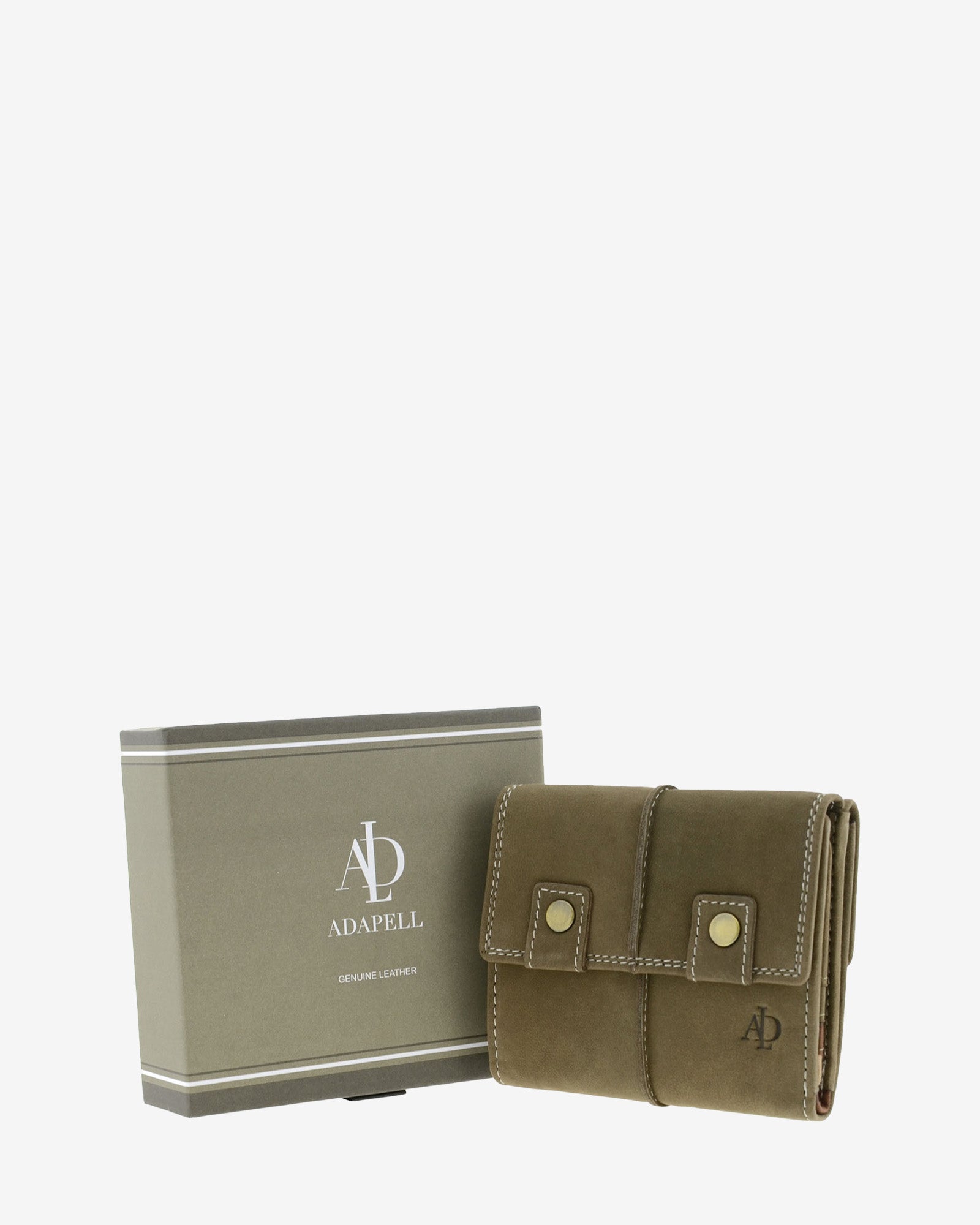 Cartera de piel de vacuno color topo con RFID junto a caja de regalo Adapell, 4219-11.