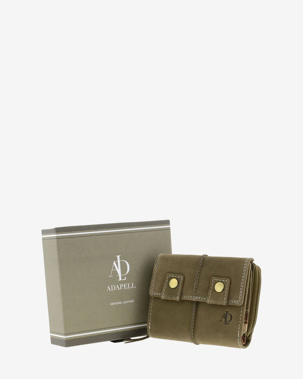 Cartera de piel de vacuno color topo con RFID junto a caja Adapell, con doble botón frontal, cremallera lateral y laterales plegados, 4220-11.