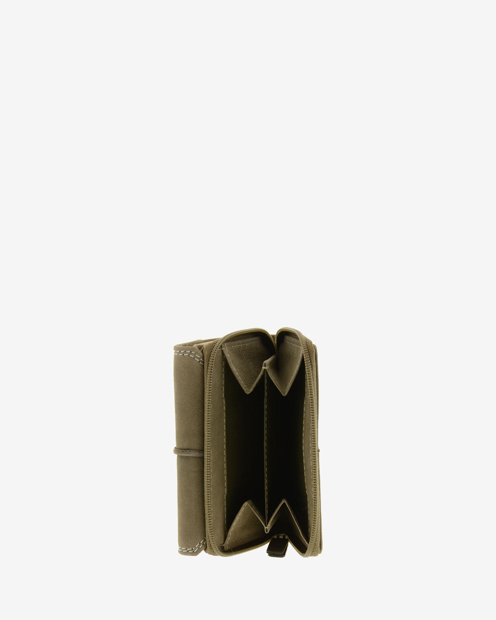 : Monedero exterior abierto de cartera de piel de vacuno color topo con cremallera, fuelle interior y espacio para monedas, 4220-11.