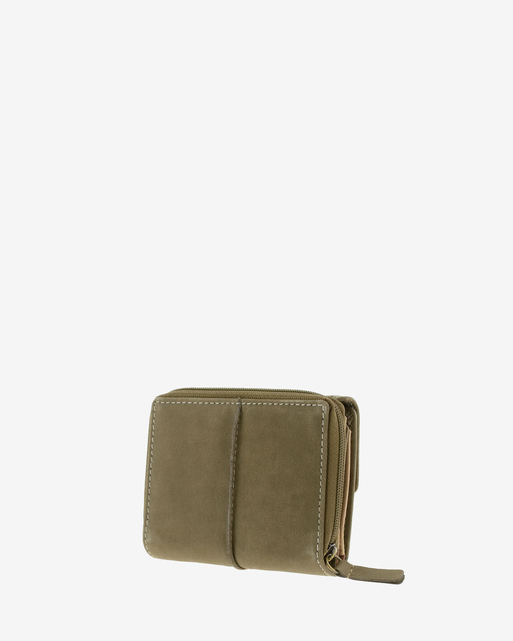 Parte trasera de cartera de piel de vacuno color topo con cremallera exterior, costuras visibles y tirador de piel, 4220-11.