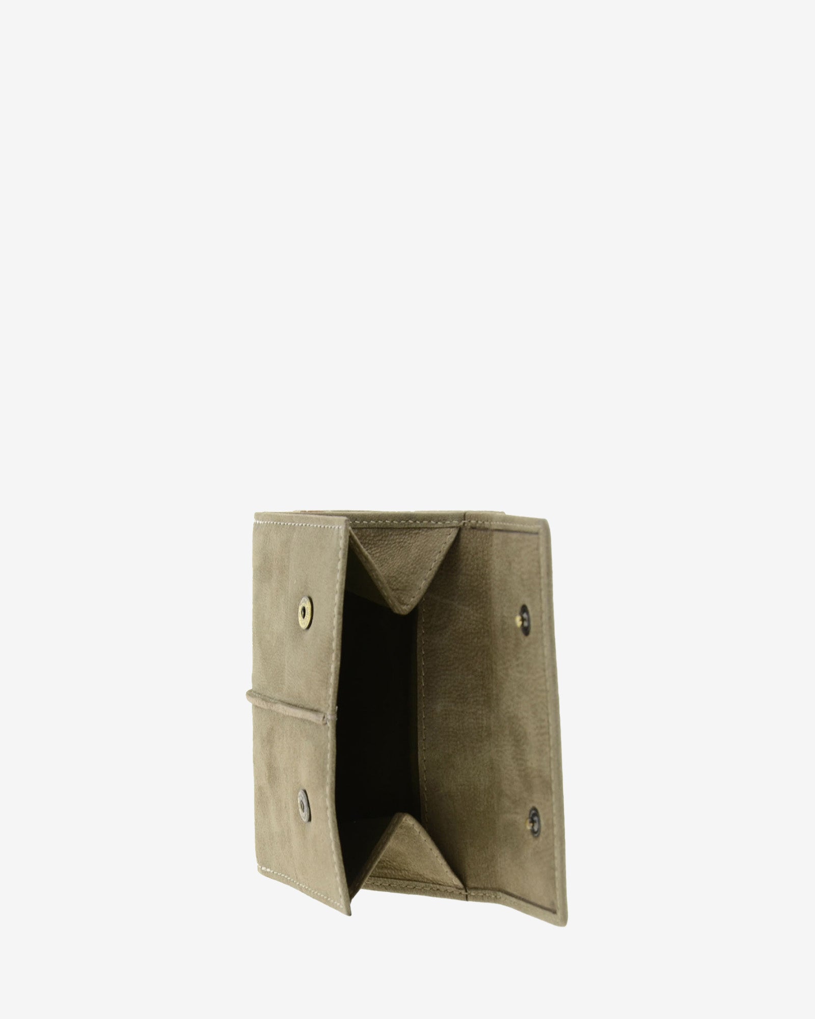 Monedero exterior abierto de cartera de piel de vacuno color topo con fuelle lateral, solapa con botones y espacio para monedas, 4219-11.