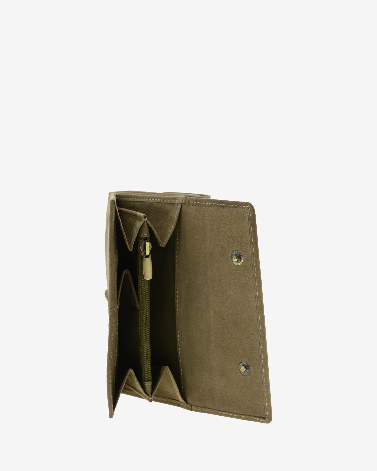 Compartimento interior de cartera de piel de vacuno color topo con fuelle lateral, bolsillo central con cremallera y espacio para monedas, 4218-11.