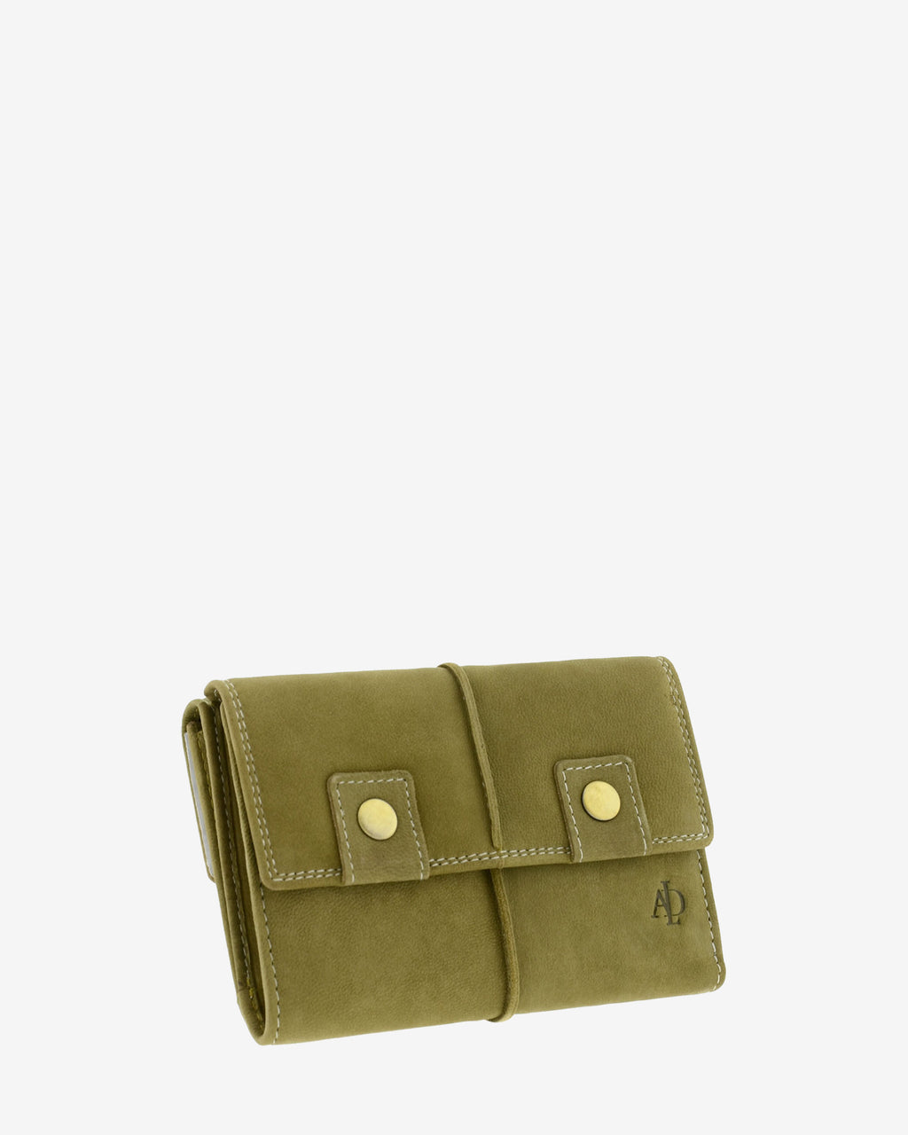 Cartera de piel de vacuno verde oliva con RFID, doble cierre frontal, pliegues laterales y logo Adapell, 4218-5.