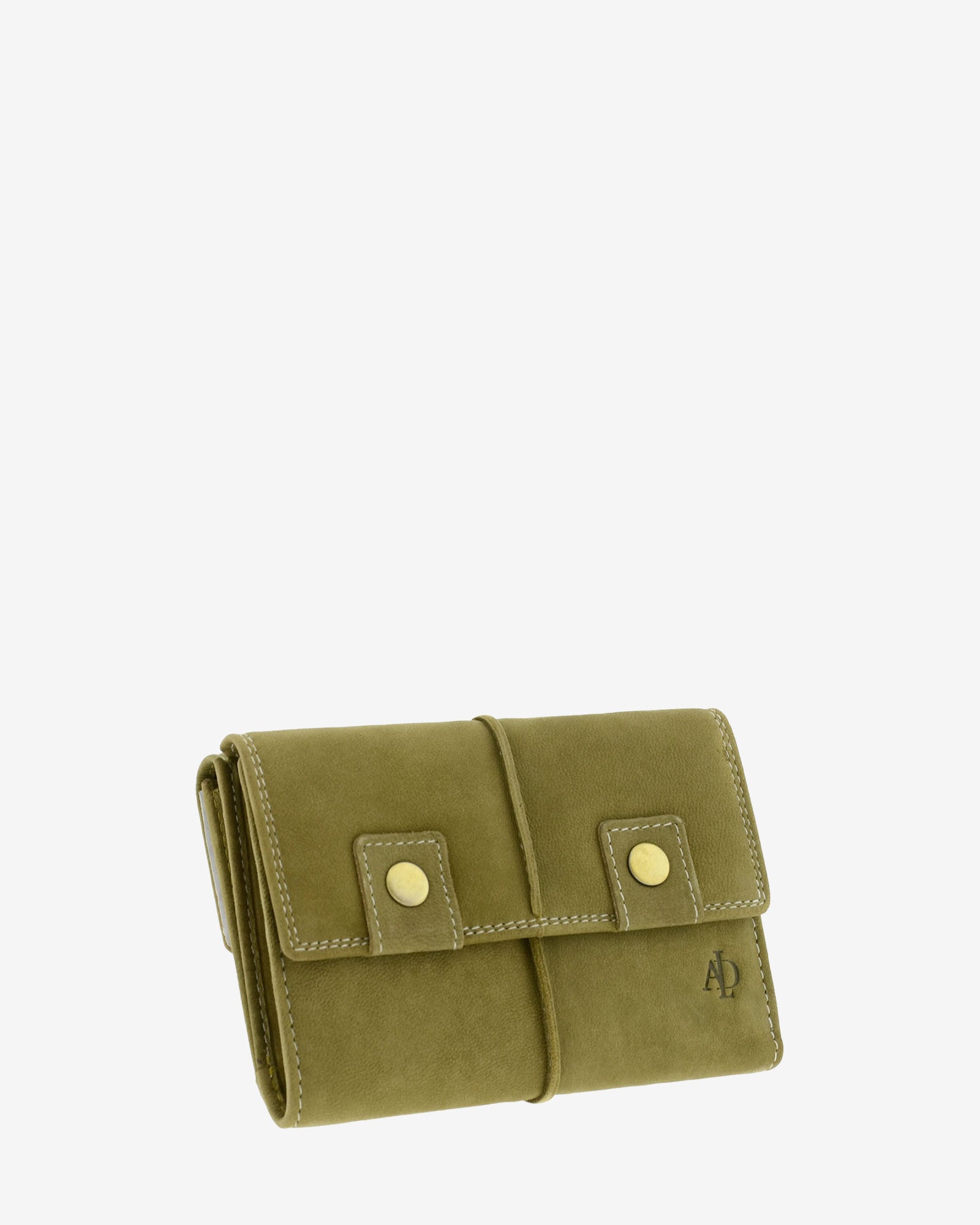 Cartera de piel de vacuno verde oliva con RFID, doble cierre frontal, pliegues laterales y logo Adapell, 4218-5.