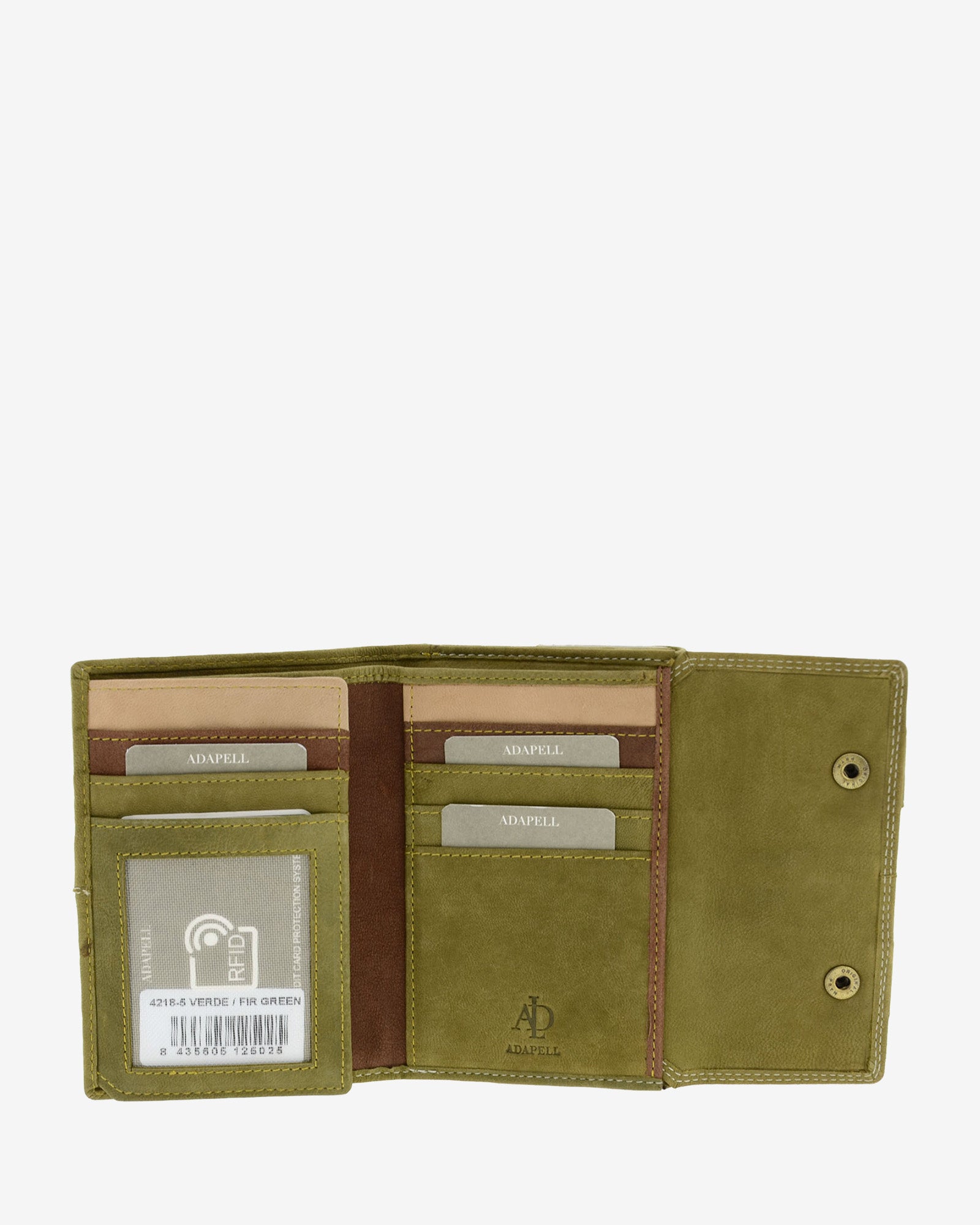 Interior abierto de cartera de piel de vacuno verde oliva con ventana para documento, ranuras para tarjetas, compartimentos organizados y logo Adapell, 4218-5.