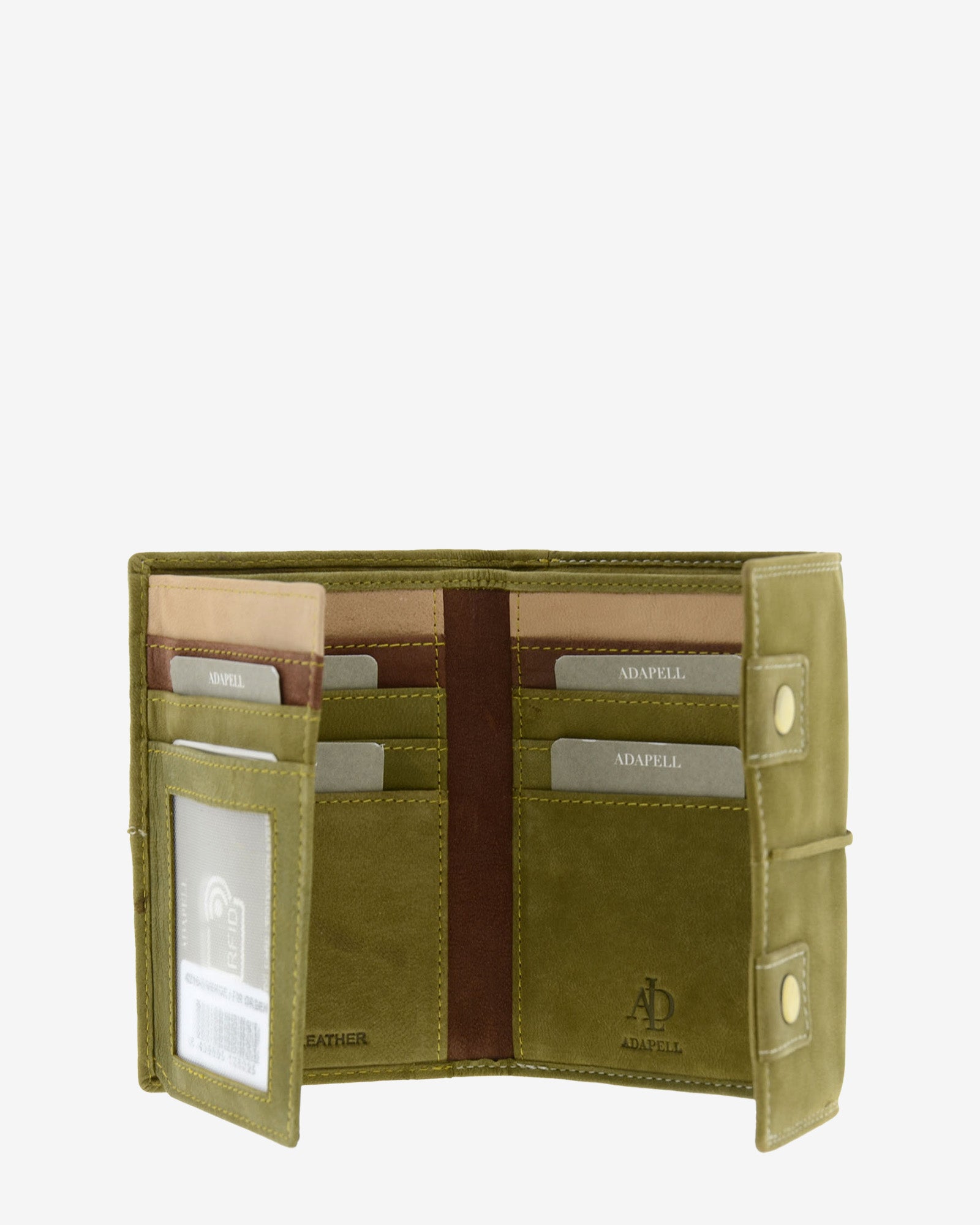 Interior desplegado de cartera de piel de vacuno verde oliva con ventana para documento a la izquierda, ranuras para tarjetas en ambos lados, compartimentos para billetes y documentos y solapa interior con cierre a presión, 4218-5.