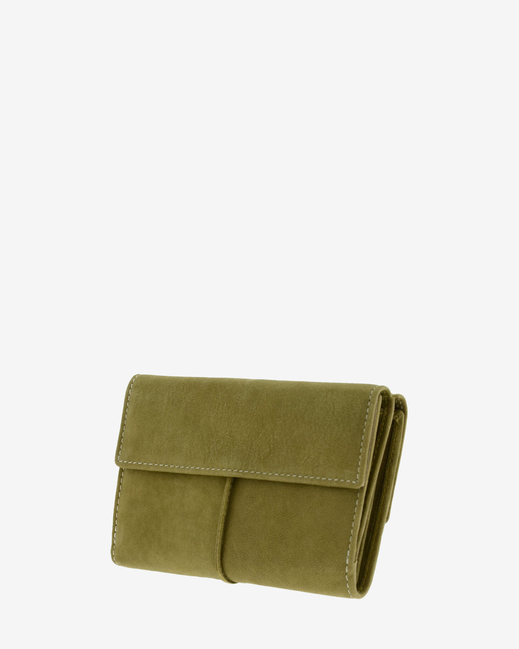 Parte trasera de cartera de piel de vacuno verde oliva con solapa lisa, costuras visibles y laterales plegados, 4218-5.