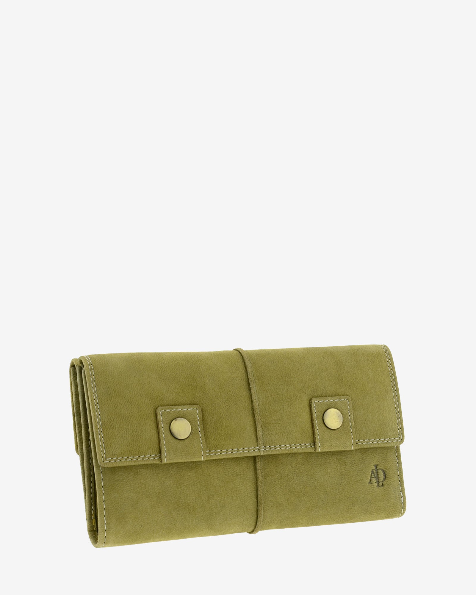 Cartera de piel de vacuno verde oliva con RFID, doble cierre frontal, pliegues, botones y logo Adapell, 4217-5.