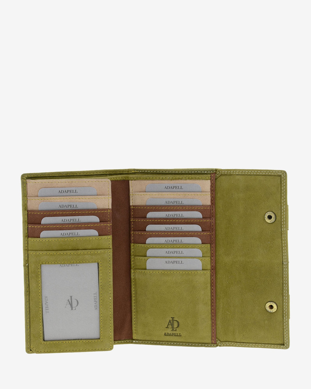 Interior de cartera de piel de vacuno verde oliva con ranuras para tarjetas, ventana para documento y compartimentos organizados, 4217-5.
