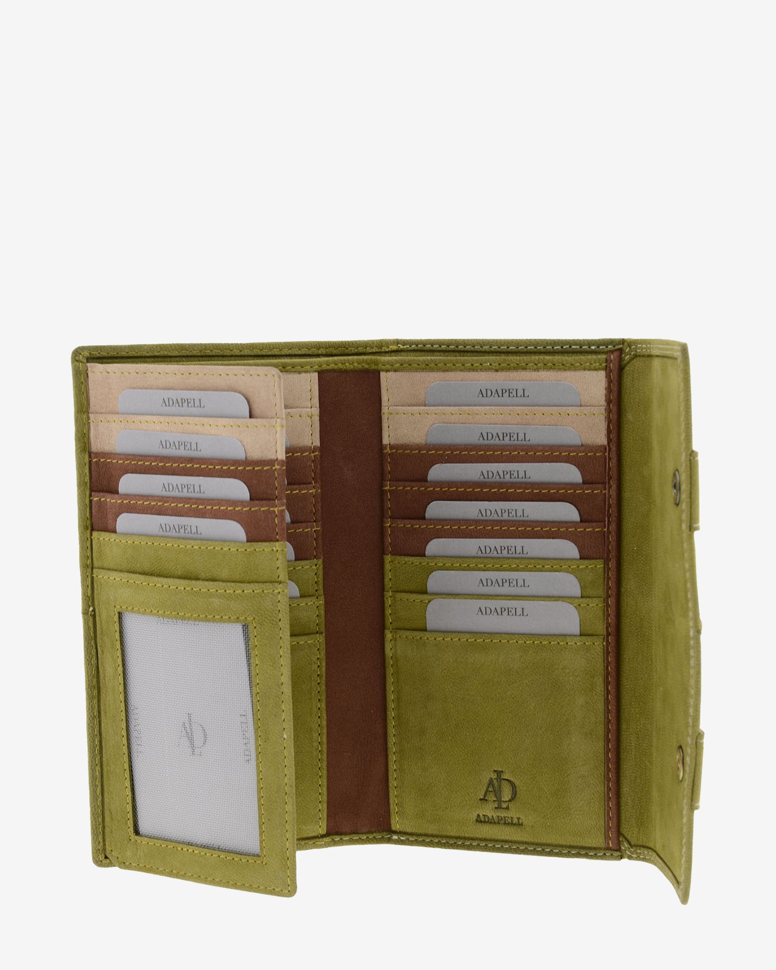 Interior de cartera de piel de vacuno verde oliva con 19 ranuras para tarjetas, ventana para documento y solapa con botones, 4217-5.
