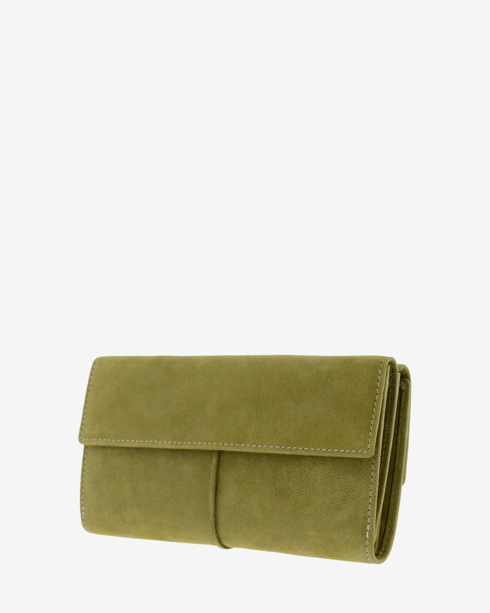 Parte trasera de cartera de piel de vacuno verde oliva con solapa, costuras visibles y laterales plegados, 4217-5.