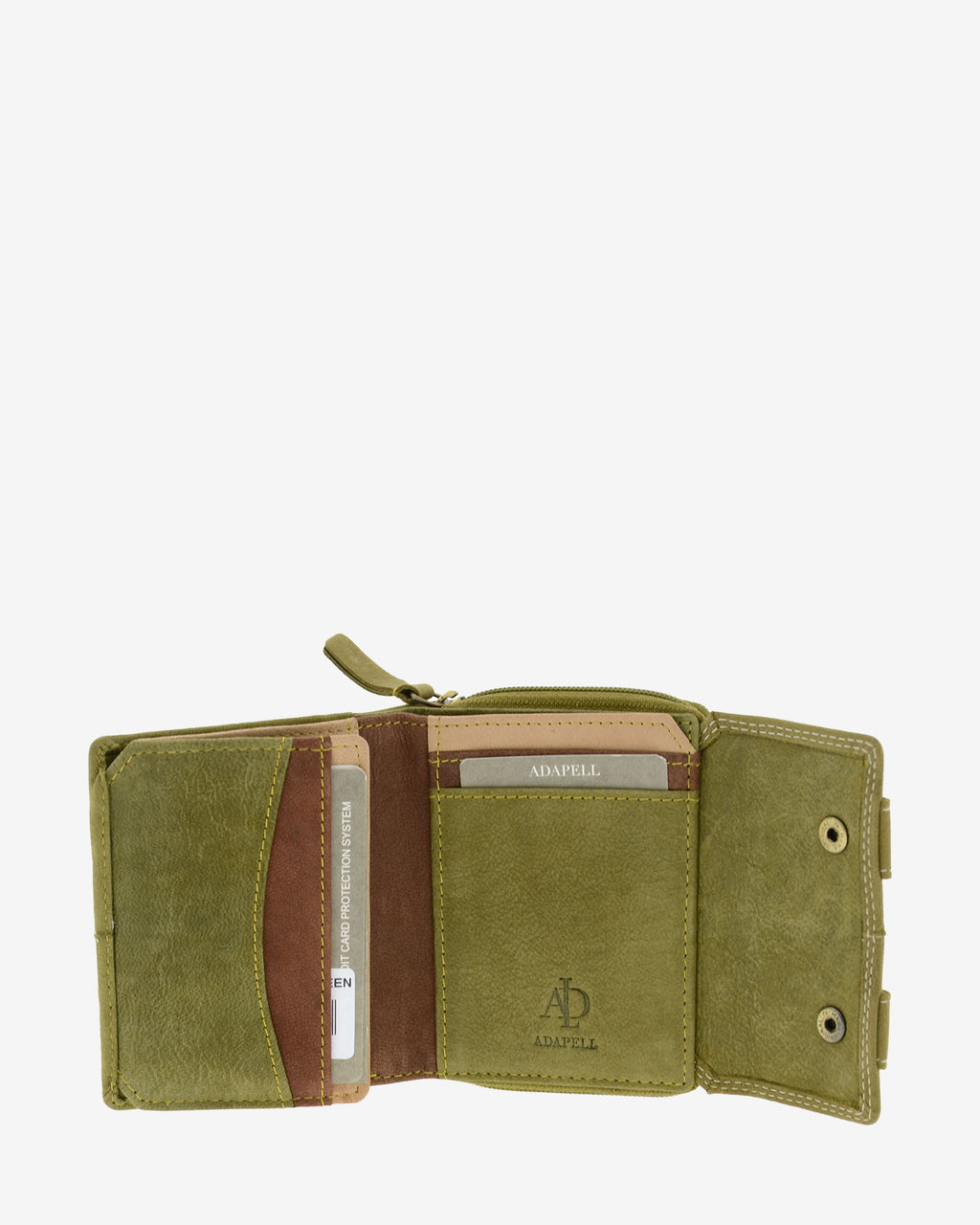 Interior abierto de cartera de piel de vacuno verde oliva con ranuras para tarjetas, ventana para documento, compartimentos organizados y solapa lateral con botones, 4220-5.