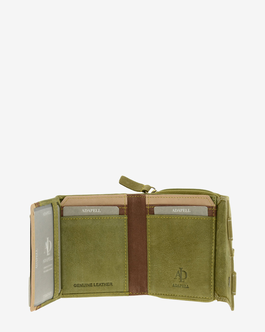 Interior desplegado de cartera de piel de vacuno verde oliva con ventana para documento a la izquierda, ranuras para tarjetas en ambos lados, compartimentos para billetes y documentos y solapa interior con cierre a presión, 4220-5.