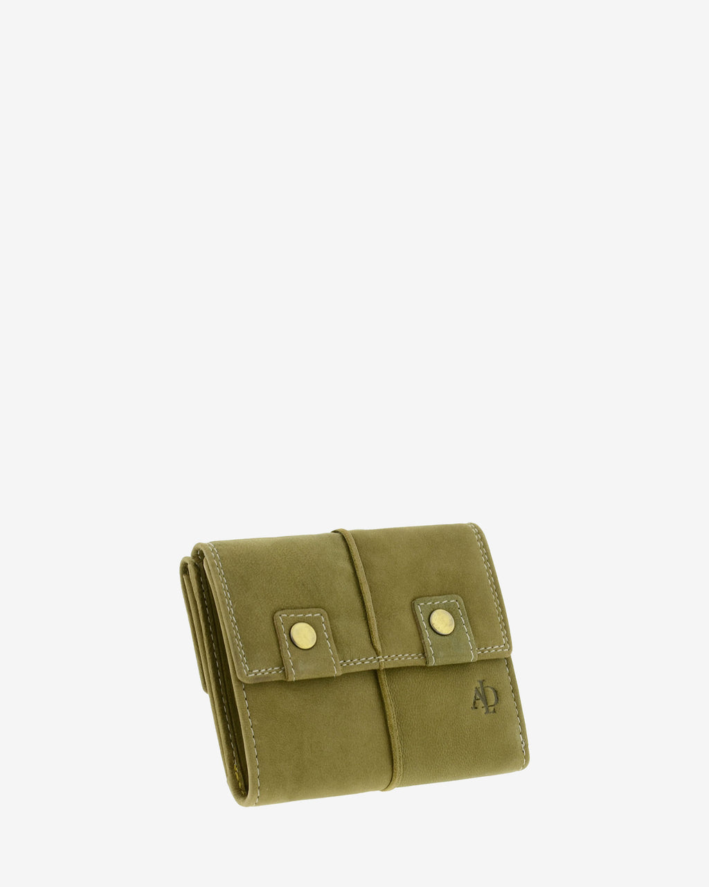 Cartera de piel de vacuno verde oliva con RFID, doble cierre frontal, pliegues laterales y logo Adapell, 4219-5.