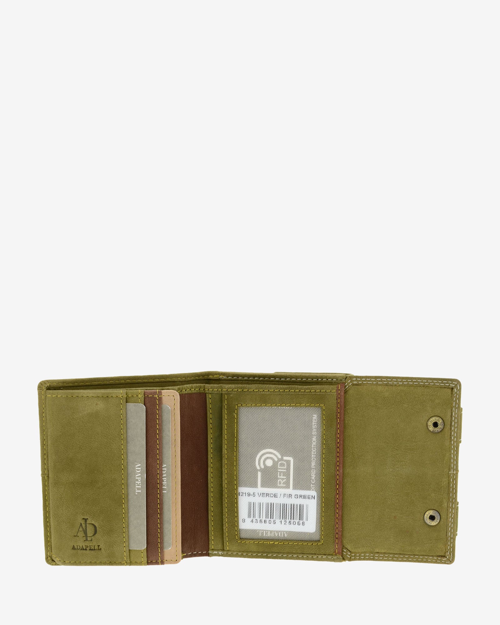 Interior abierto de cartera de piel de vacuno verde oliva con ranuras para tarjetas, ventana para documento, compartimentos organizados y solapa lateral con botones, 4219-5.