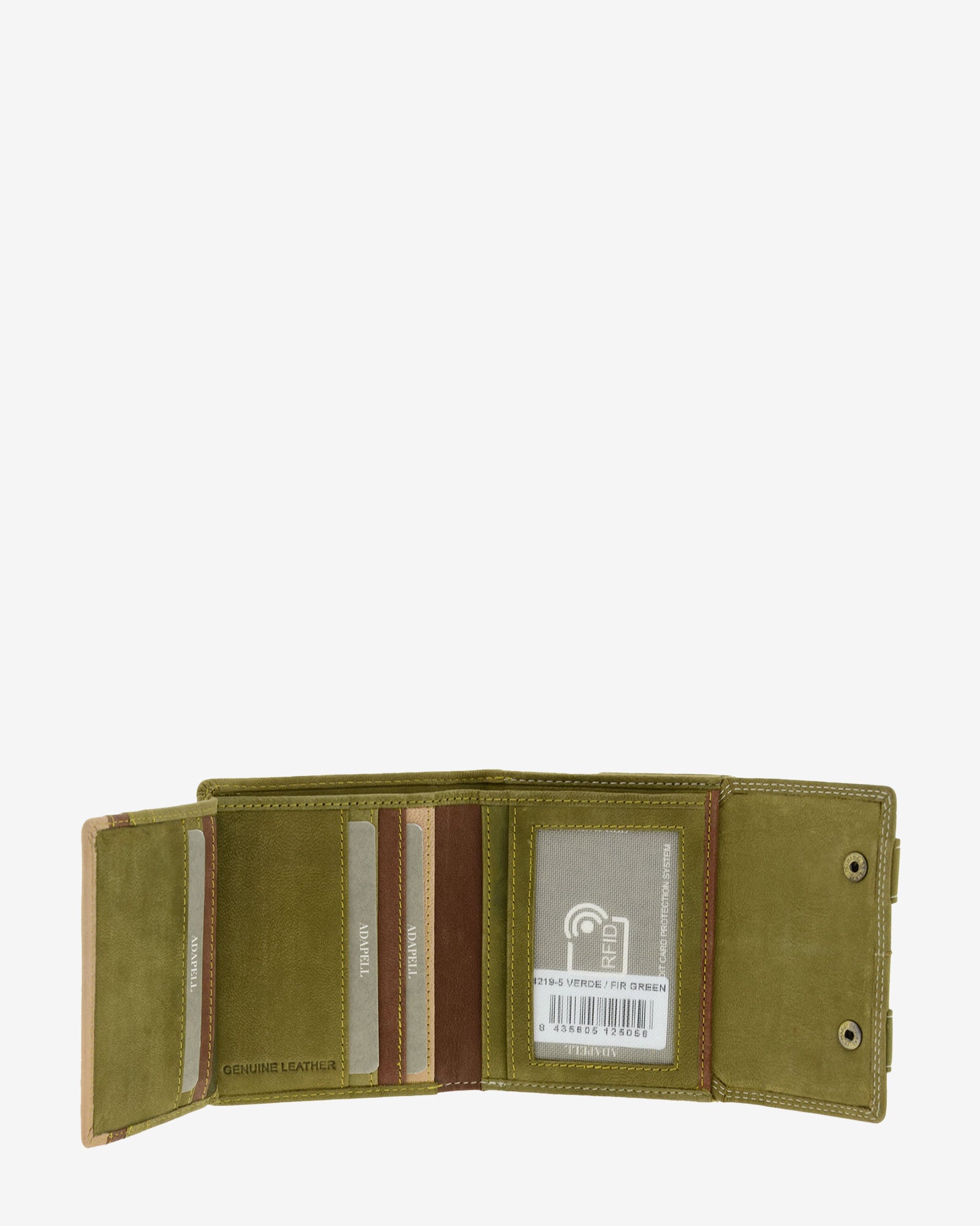 Interior desplegado de cartera de piel de vacuno verde oliva con ranuras para tarjetas en el lado izquierdo, ventana para documento en el centro, compartimentos para billetes y documentos y solapa interior con cierre a presión, 4219-5.