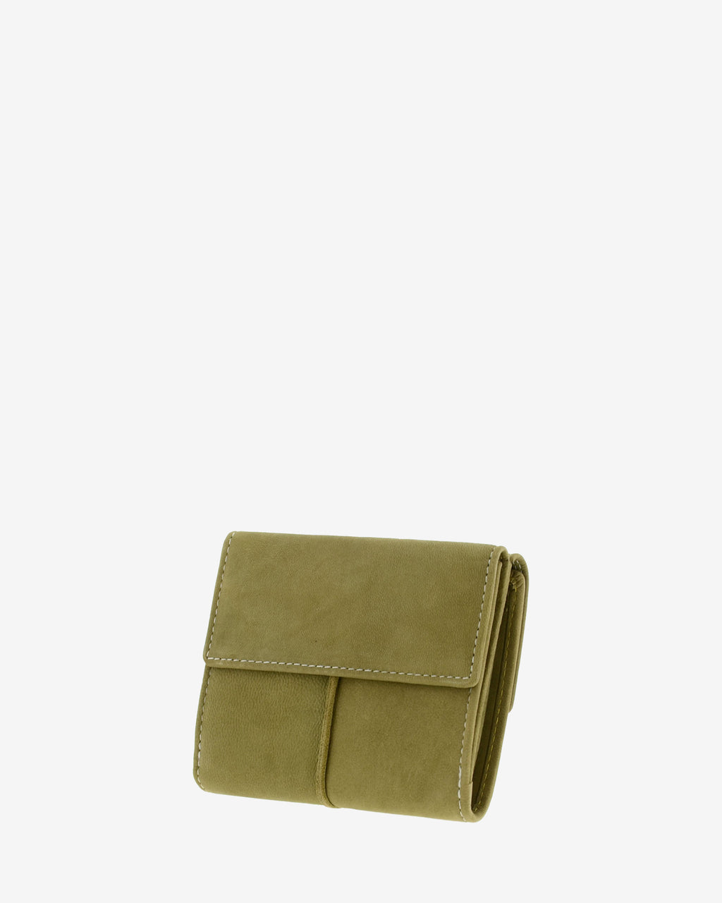 : Parte trasera de cartera de piel de vacuno verde oliva con solapa lisa, costuras visibles y laterales plegados, 4219-5.