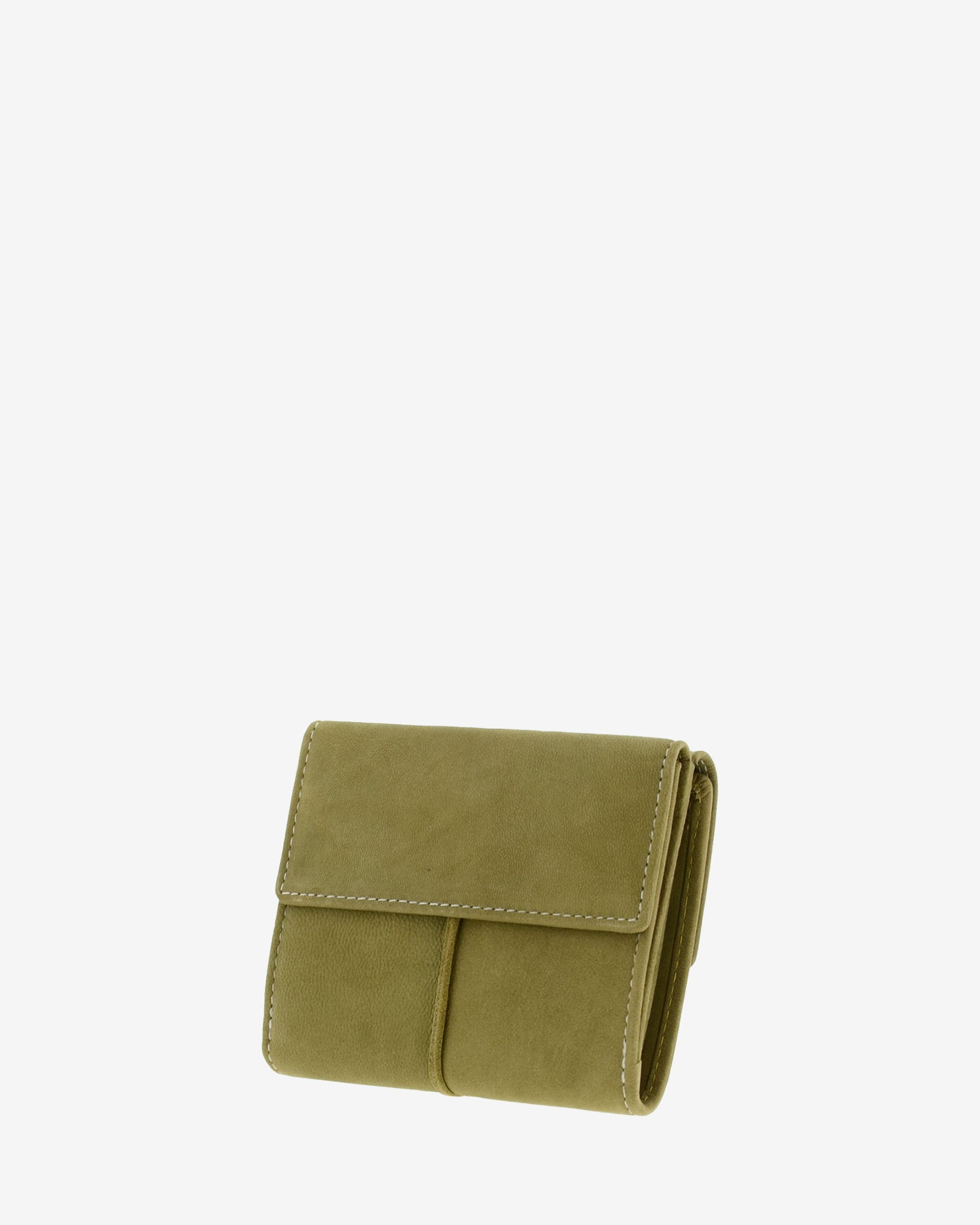 : Parte trasera de cartera de piel de vacuno verde oliva con solapa lisa, costuras visibles y laterales plegados, 4219-5.