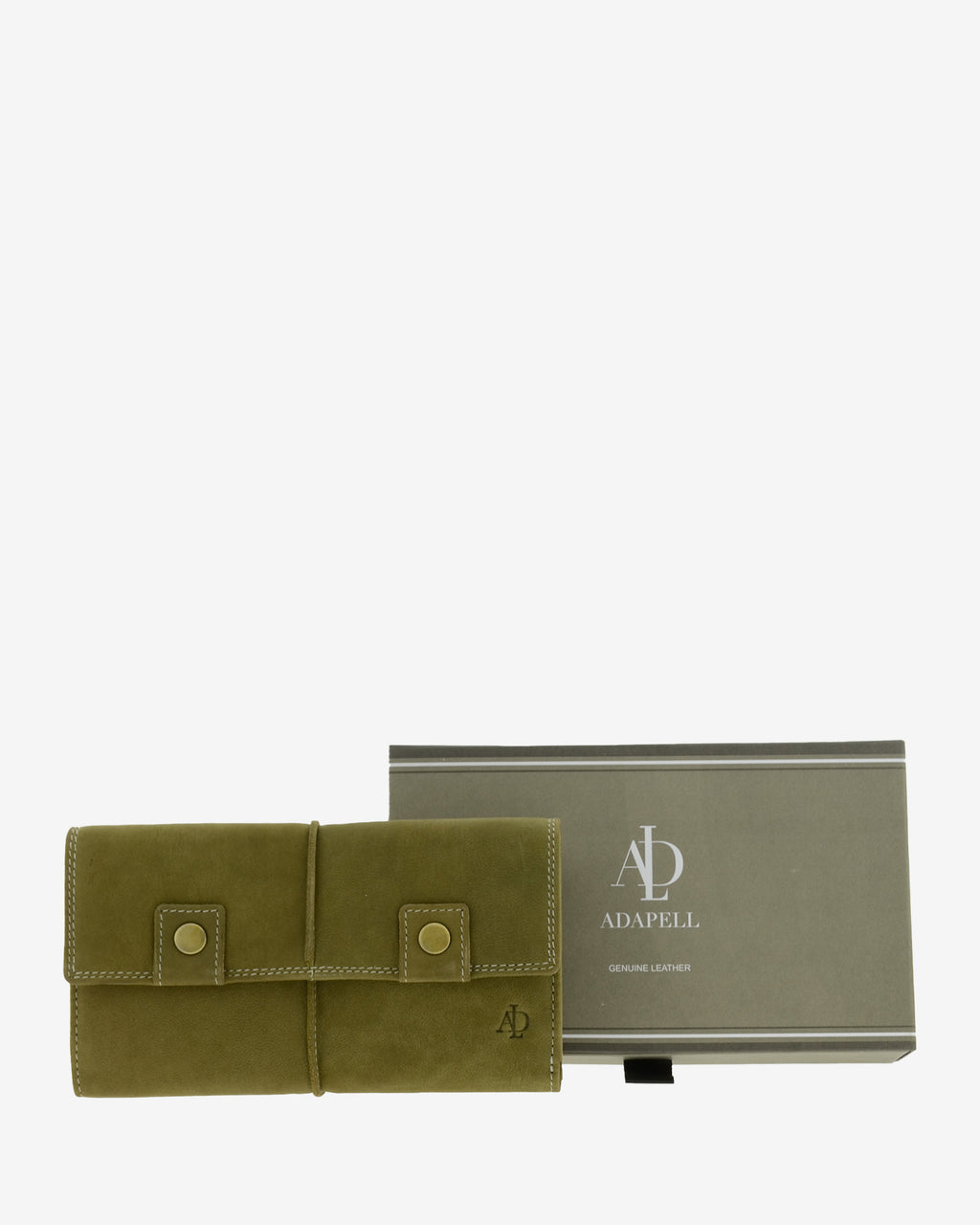 Cartera de piel de vacuno verde oliva con RFID junto a caja de regalo Adapell, 4217-5.