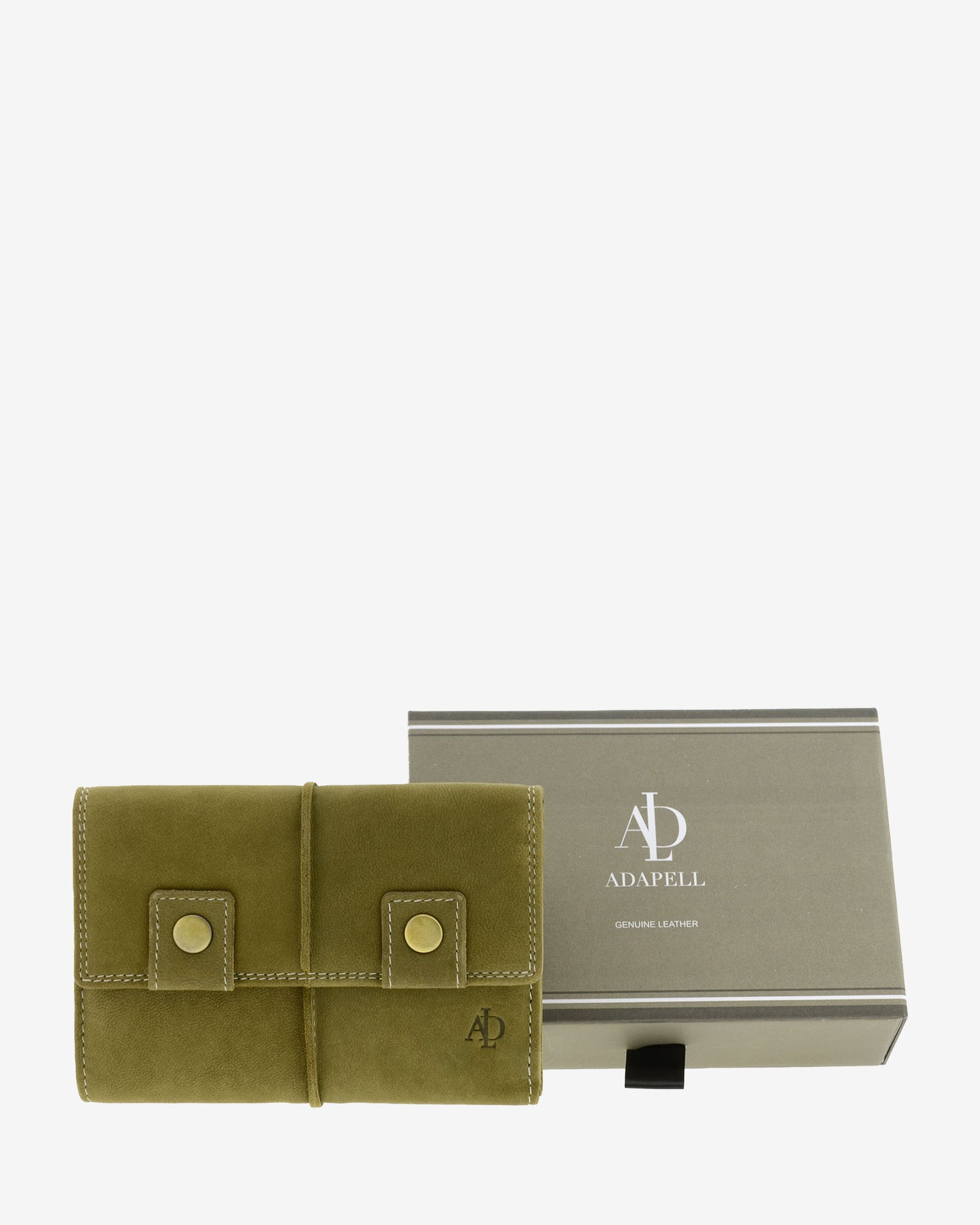 Cartera de piel de vacuno verde oliva con RFID junto a caja de regalo Adapell, 4218-5.