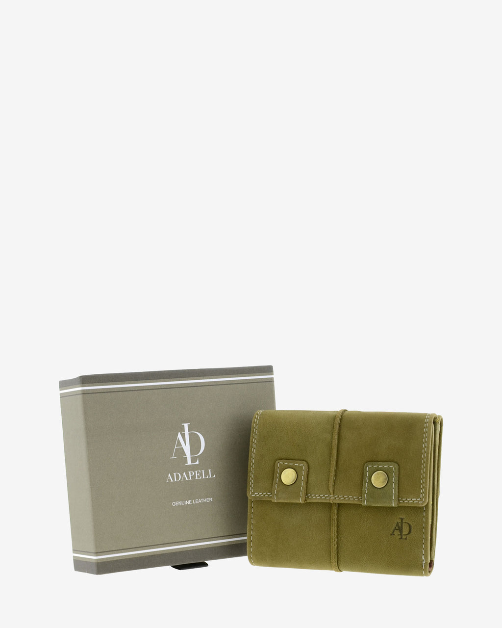 Cartera de piel de vacuno verde oliva con RFID junto a caja de regalo Adapell, 4219-5.
