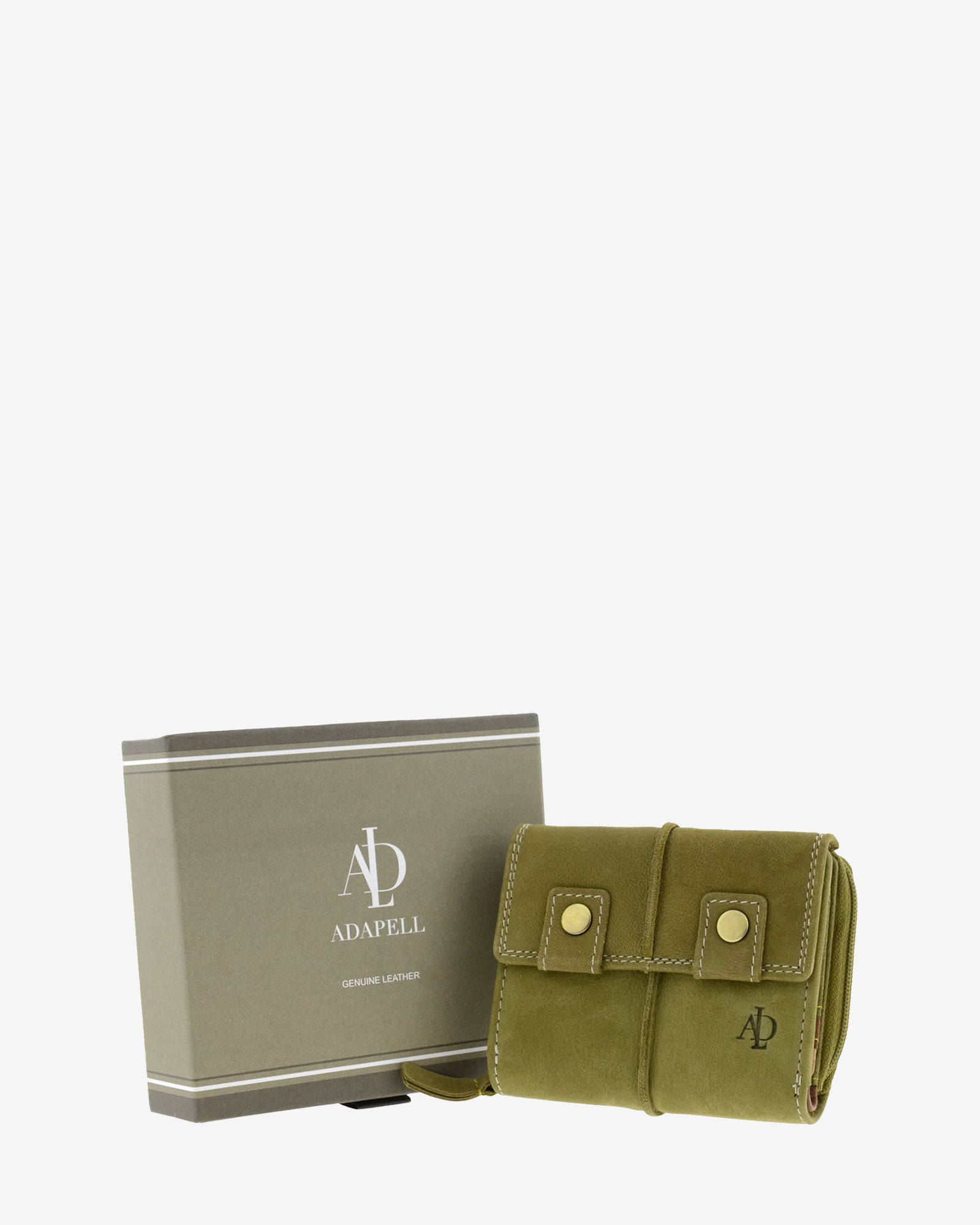 Cartera de piel de vacuno verde oliva con RFID junto a caja Adapell, con doble botón frontal, cremallera lateral y laterales plegados, 4220-5.