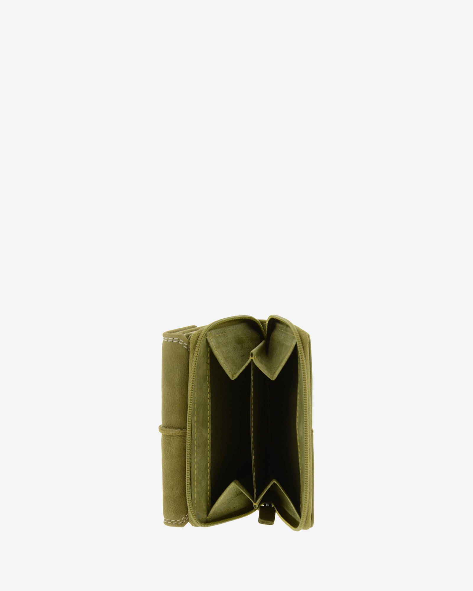 Monedero exterior abierto de cartera de piel de vacuno verde oliva con cremallera, fuelle interior y espacio para monedas, 4220-5.