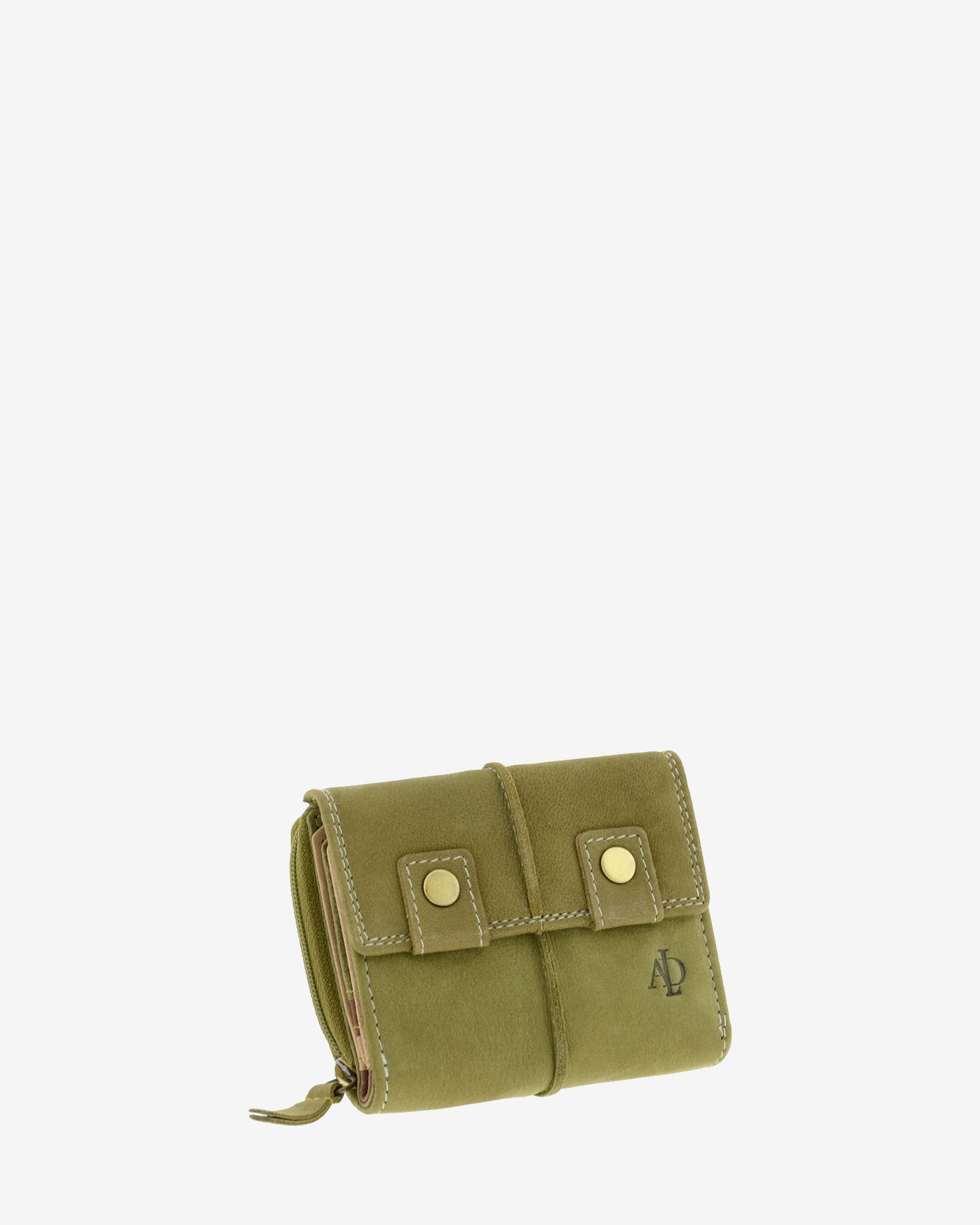 : Cartera de piel de vacuno verde oliva con RFID, doble cierre frontal, cremallera exterior visible y logo Adapell, 4220-5.