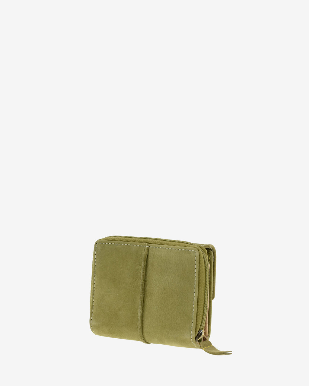 Parte trasera de cartera de piel de vacuno verde oliva con cremallera exterior, costuras visibles y tirador de piel, 4220-5.