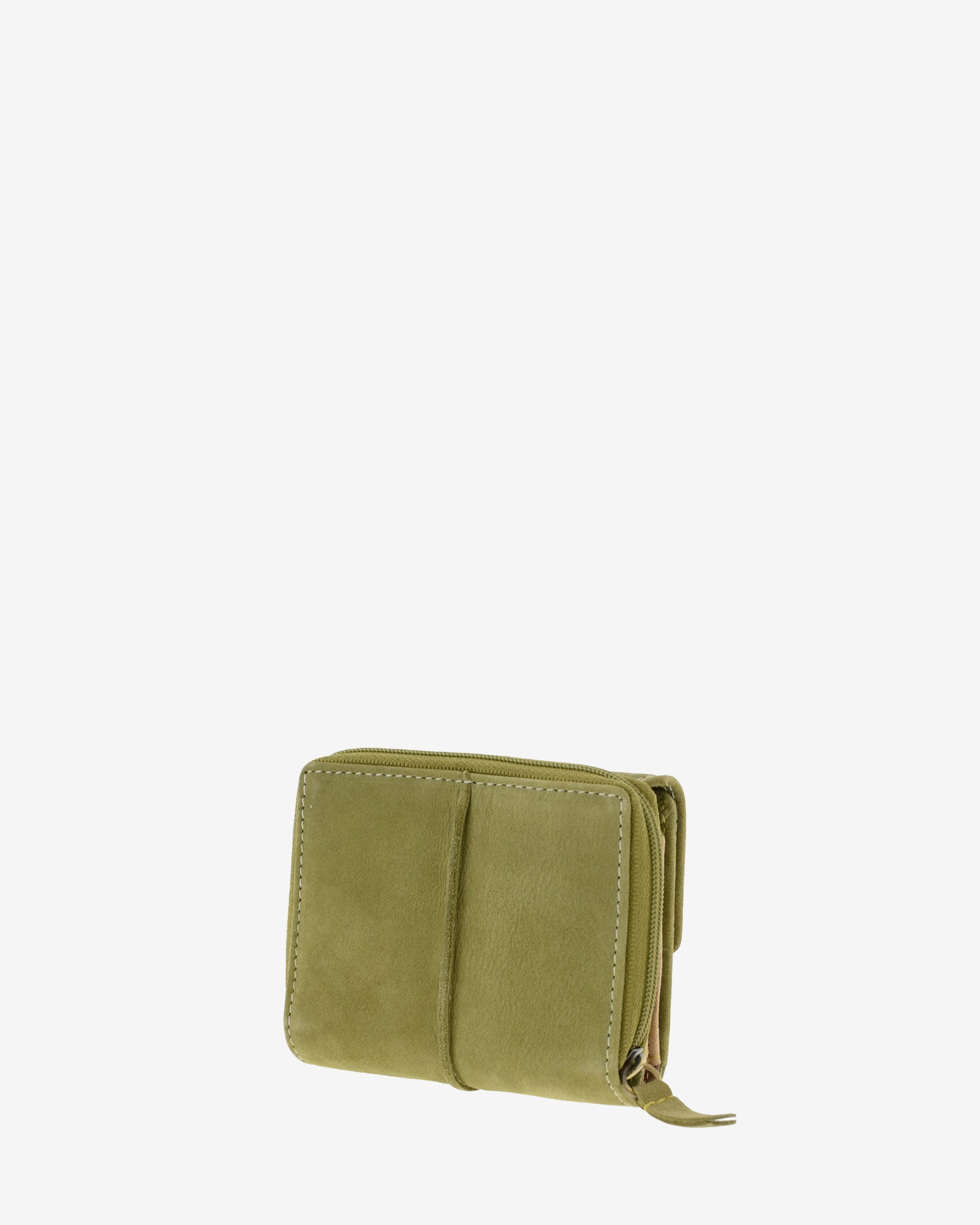 Parte trasera de cartera de piel de vacuno verde oliva con cremallera exterior, costuras visibles y tirador de piel, 4220-5.