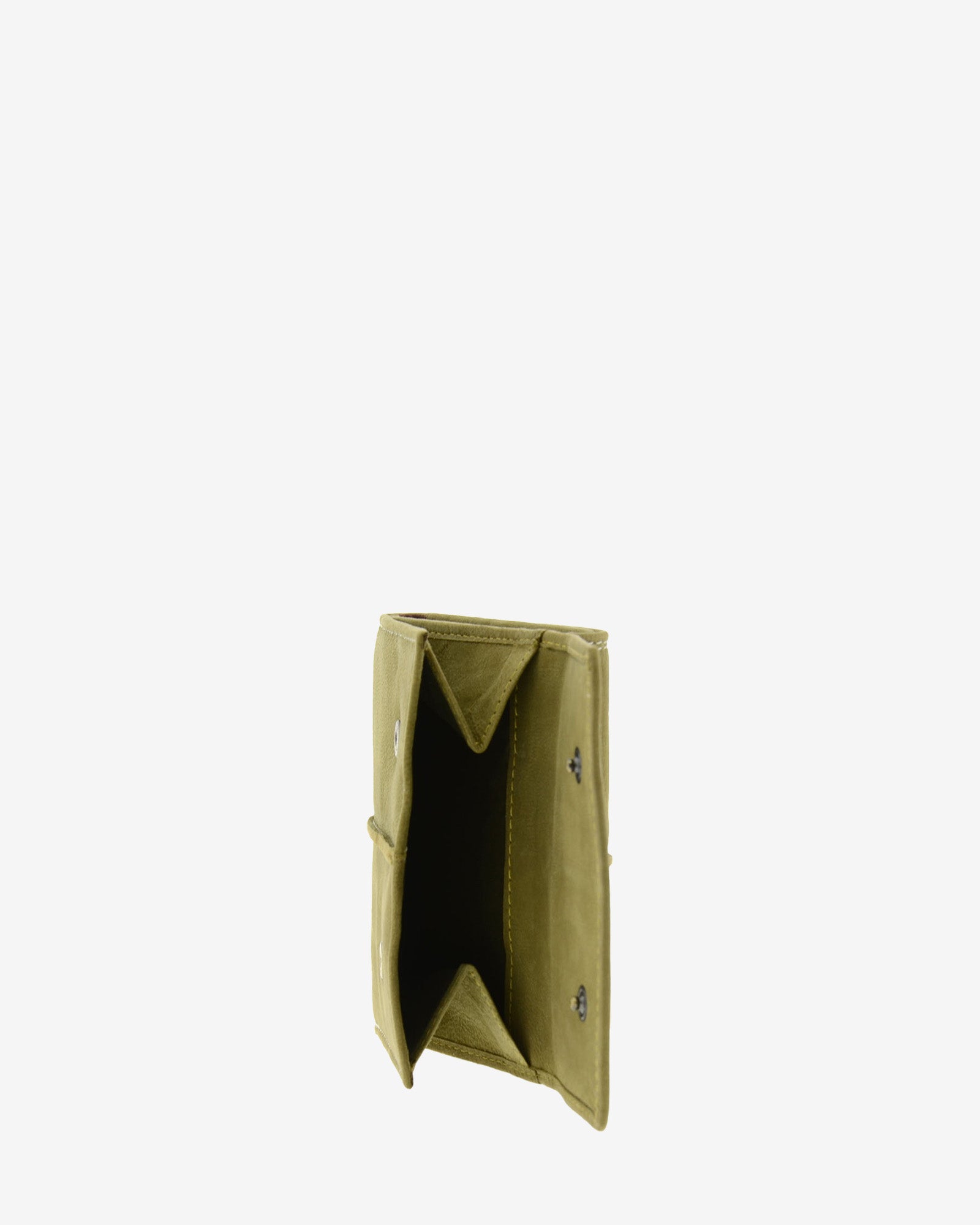 Monedero exterior abierto de cartera de piel de vacuno verde oliva con fuelle lateral, solapa con botones y espacio para monedas, 4219-5.