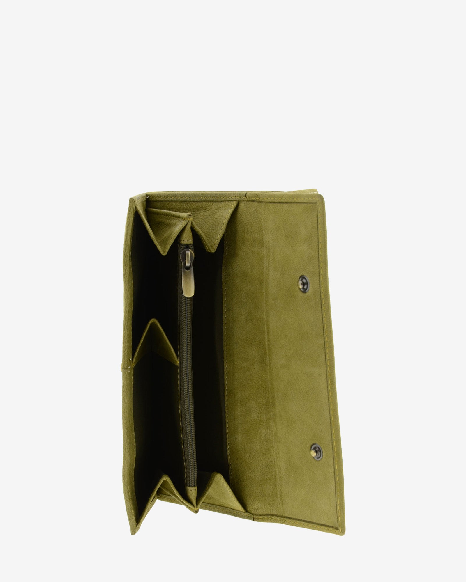 : Interior de cartera de piel de vacuno verde oliva con compartimento central con cremallera y cierre de botones, 4217-5.