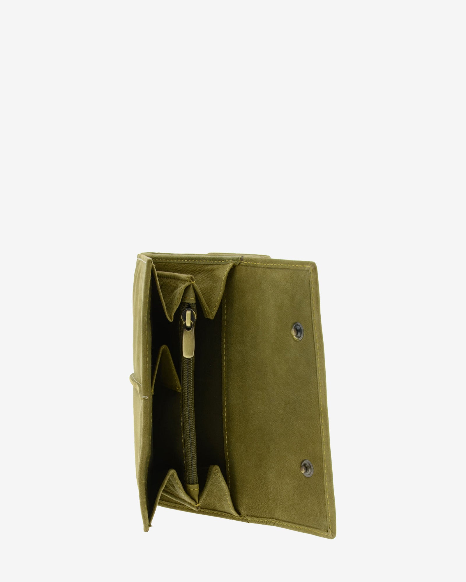 Compartimento interior de cartera de piel de vacuno verde oliva con fuelle lateral, bolsillo central con cremallera y espacio para monedas, 4218-5.