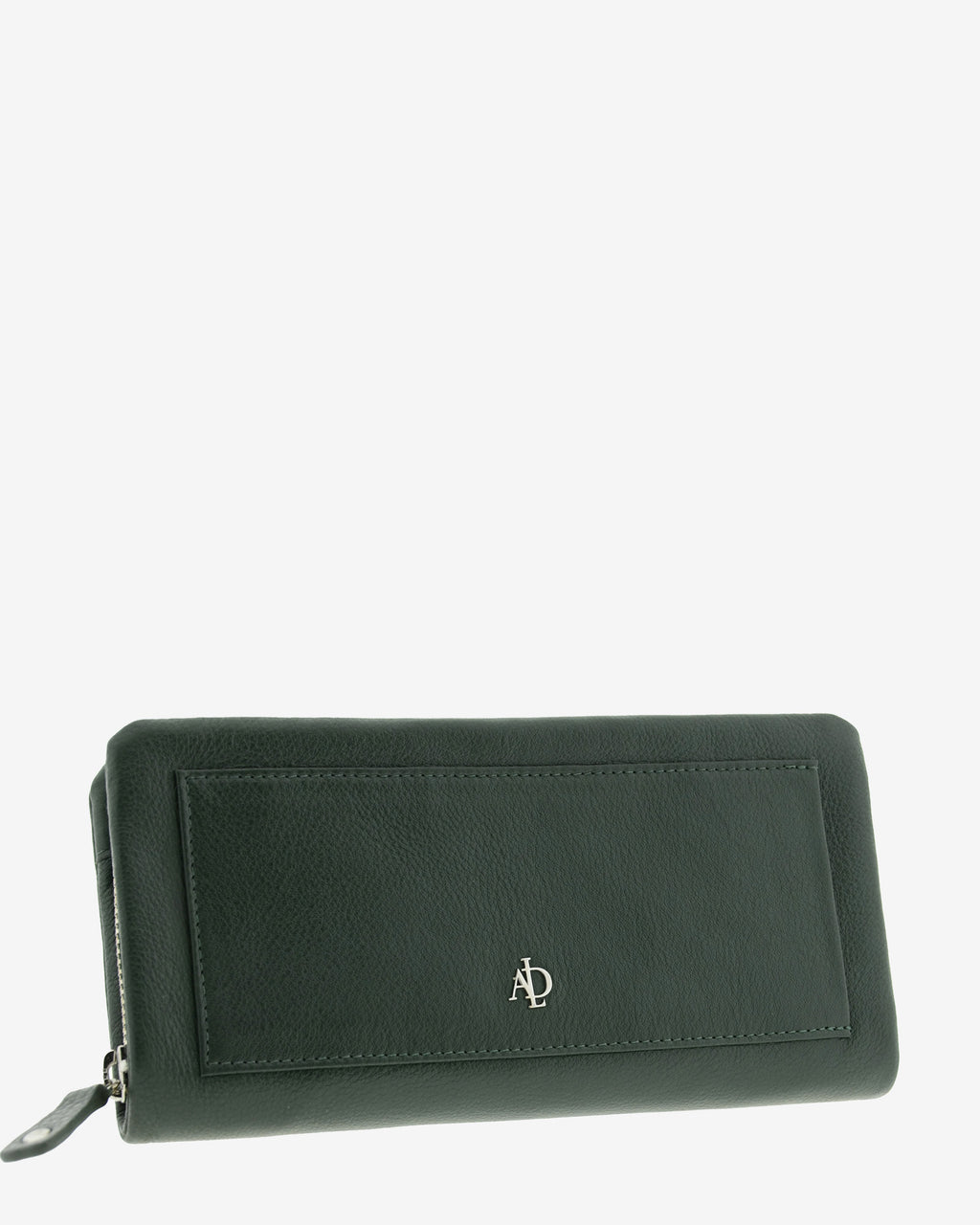 Cartera de mujer grande, compacta con cremallera y compartimento frontal, de piel genuina en color verde oscuro. Ref. 4235-5. Vista diagonal frontal