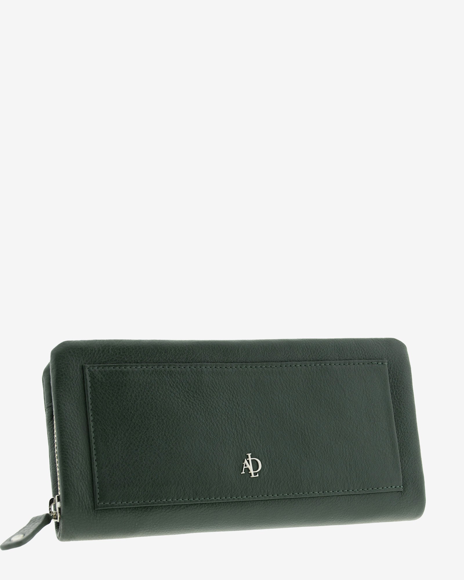 Cartera de mujer grande, compacta con cremallera y compartimento frontal, de piel genuina en color verde oscuro. Ref. 4235-5. Vista diagonal frontal