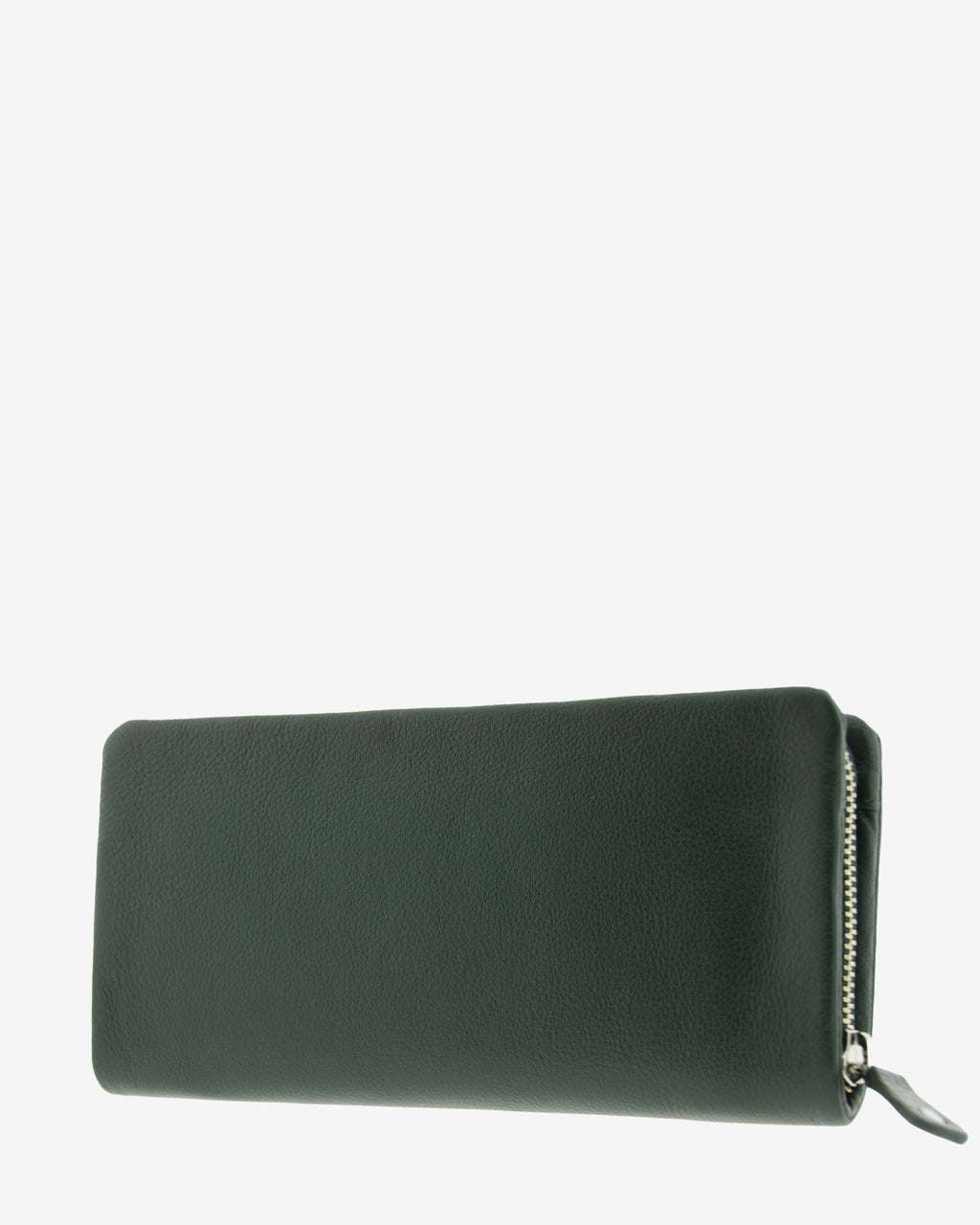 Cartera de mujer grande, compacta con cremallera y compartimento frontal, de piel genuina en color verde oscuro. Ref. 4235-5. Vista diagonal trasera