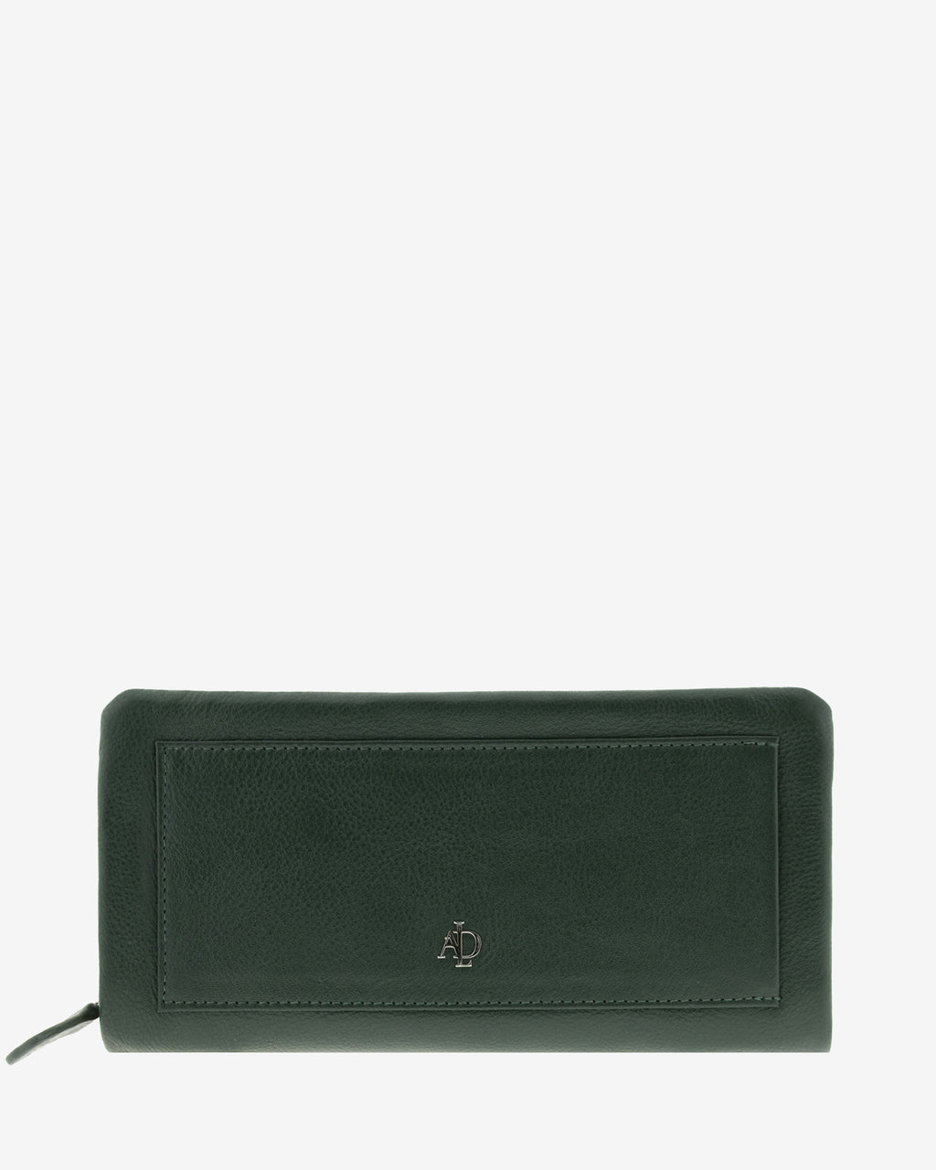 Cartera de mujer grande, compacta con cremallera y compartimento frontal, de piel genuina en color verde oscuro. Ref. 4235-5. Vista frontal