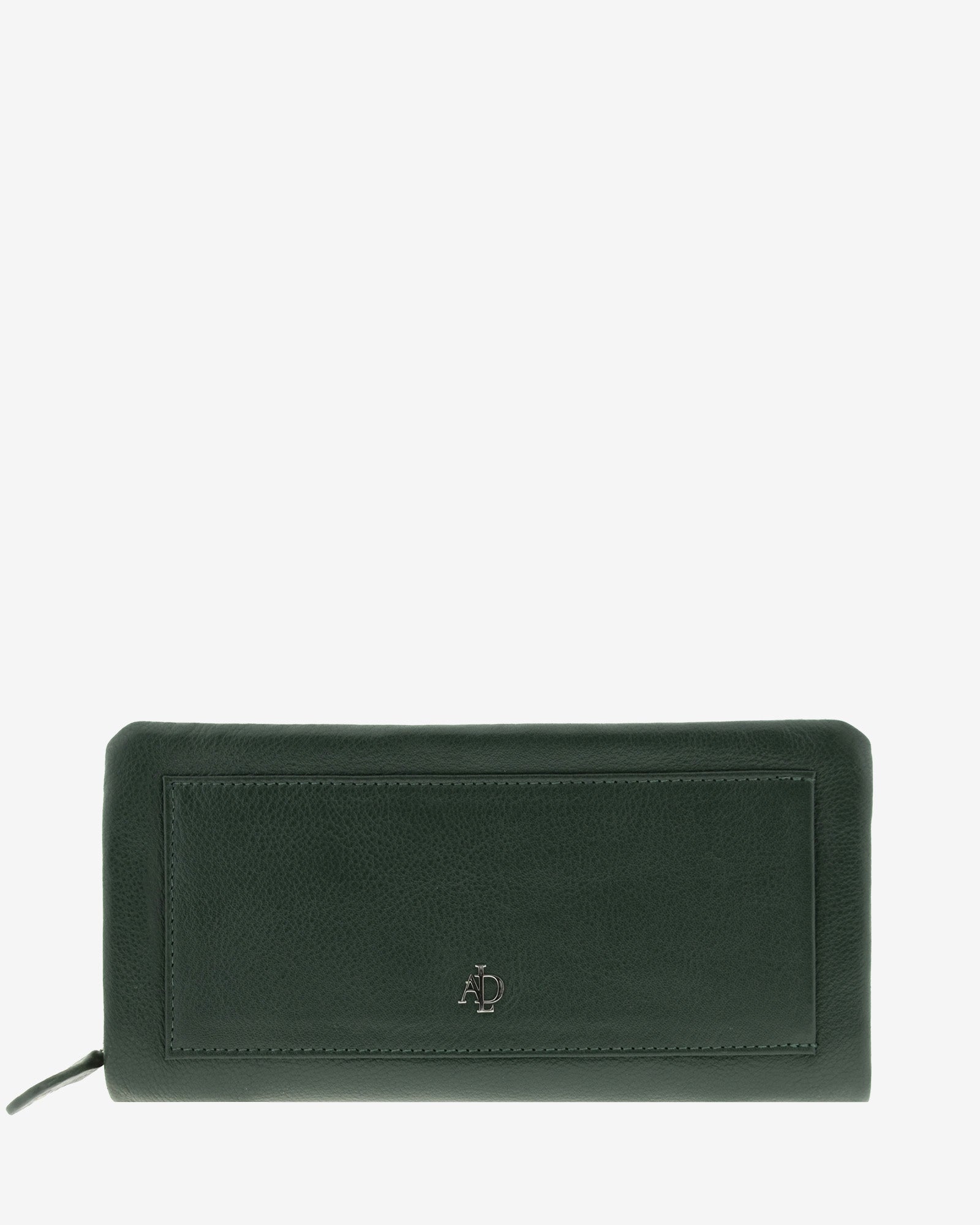 Cartera de mujer grande, compacta con cremallera y compartimento frontal, de piel genuina en color verde oscuro. Ref. 4235-5. Vista frontal
