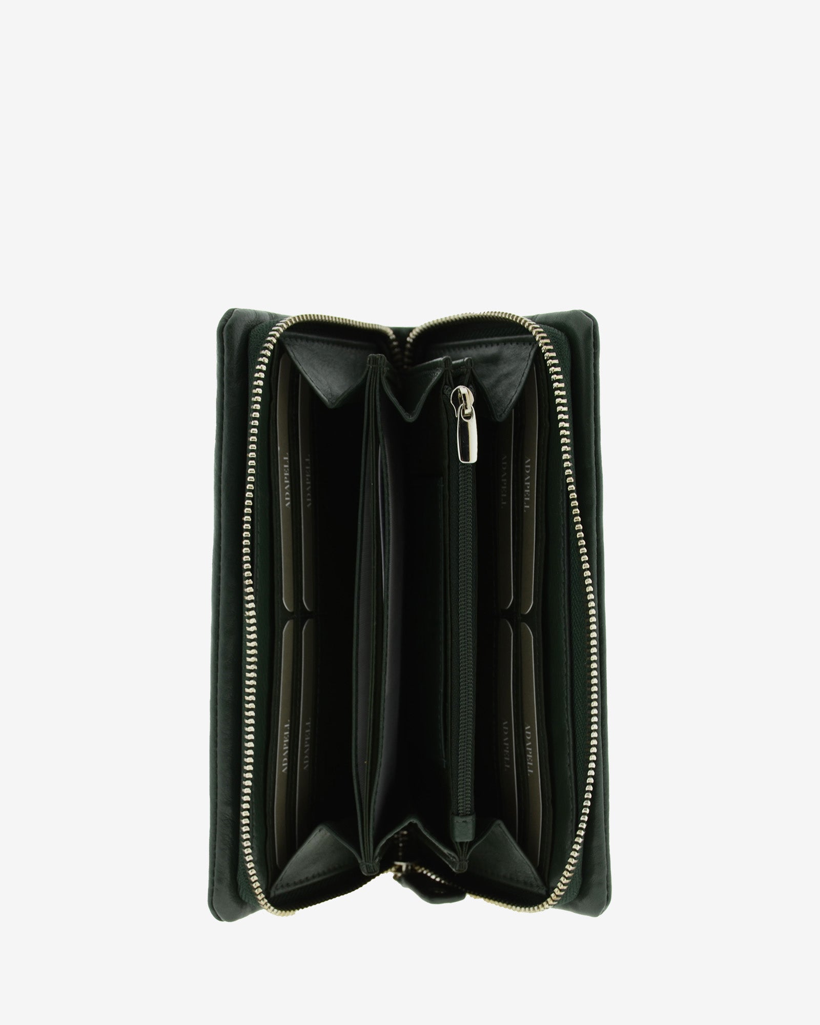 Cartera de mujer grande, compacta con cremallera y compartimento frontal, de piel genuina en color verde oscuro. Ref. 4235-5. Vista interior con compartimentos para tarjetas, billetes, monedas, etc